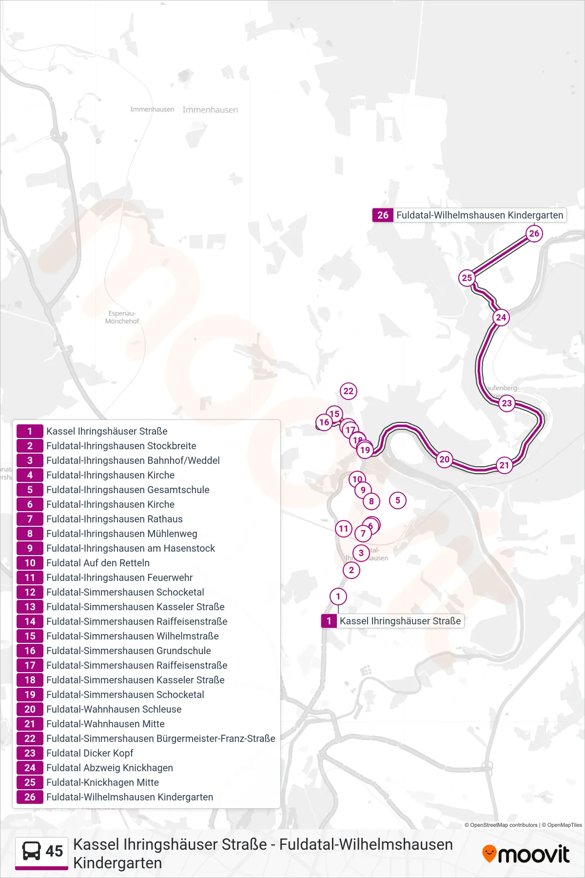 45 bus Line (Wilhelmshausen) route and stops on a map