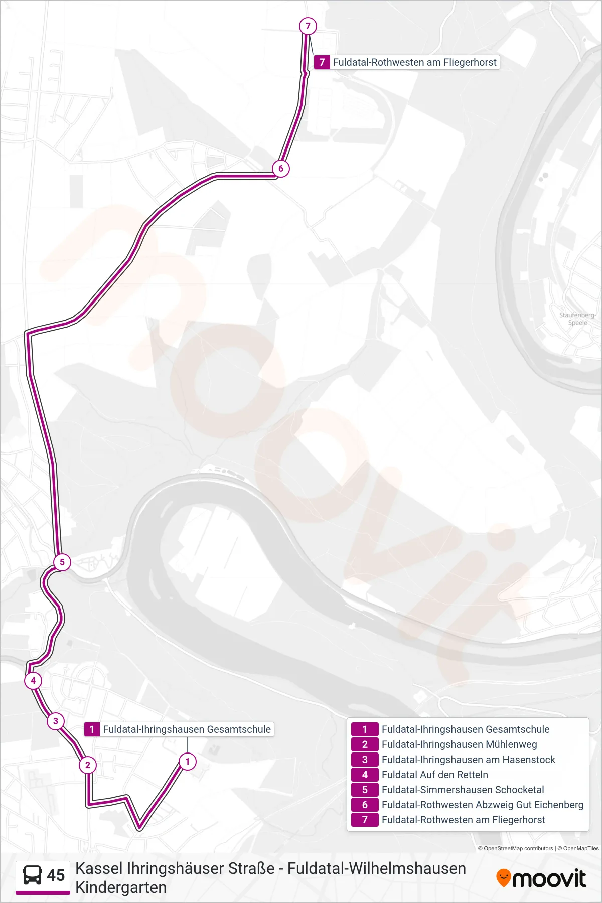45 bus Line (Simmershausen) route and stops on a map