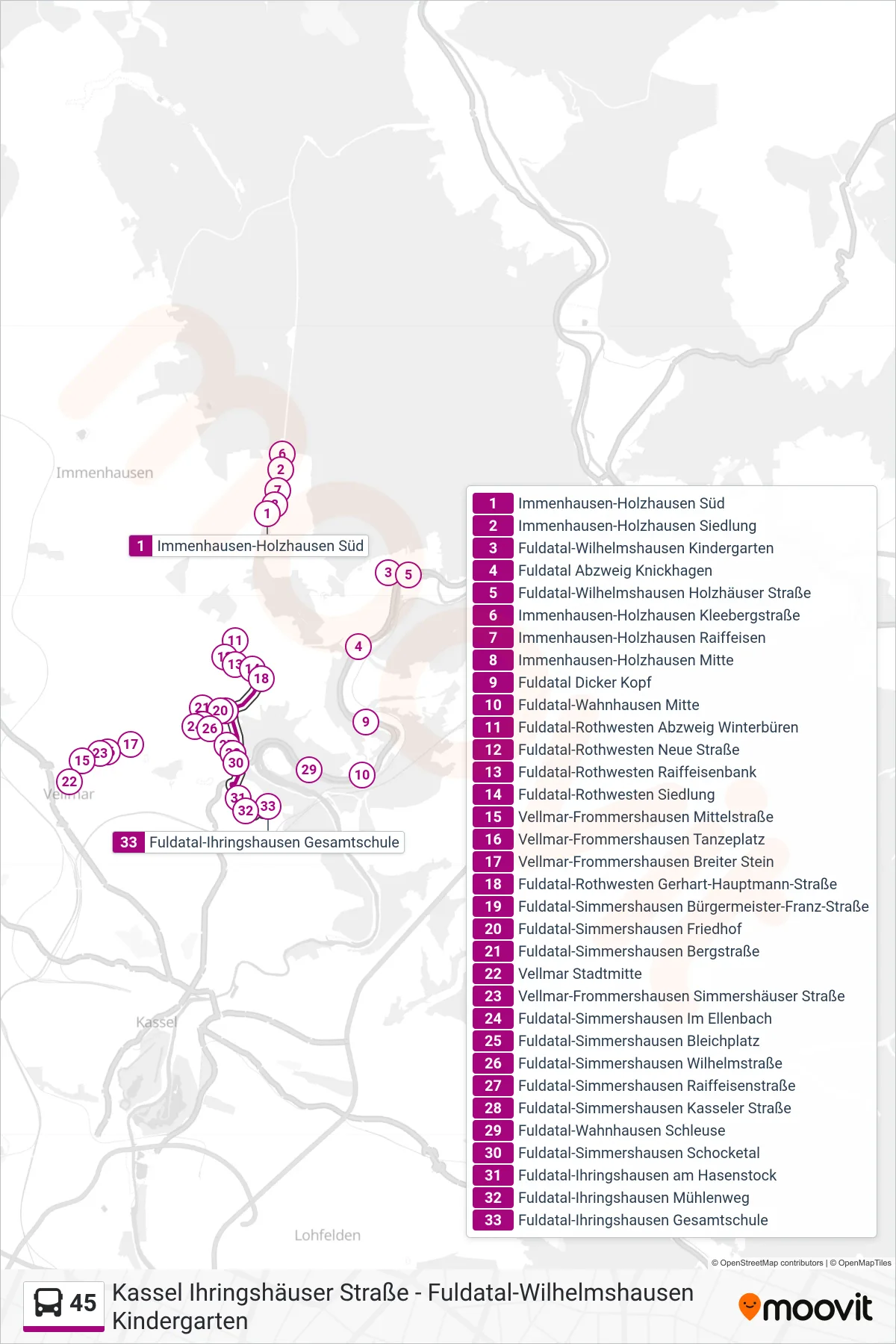 45 bus Line (Ihr Gesamtschule) route and stops on a map