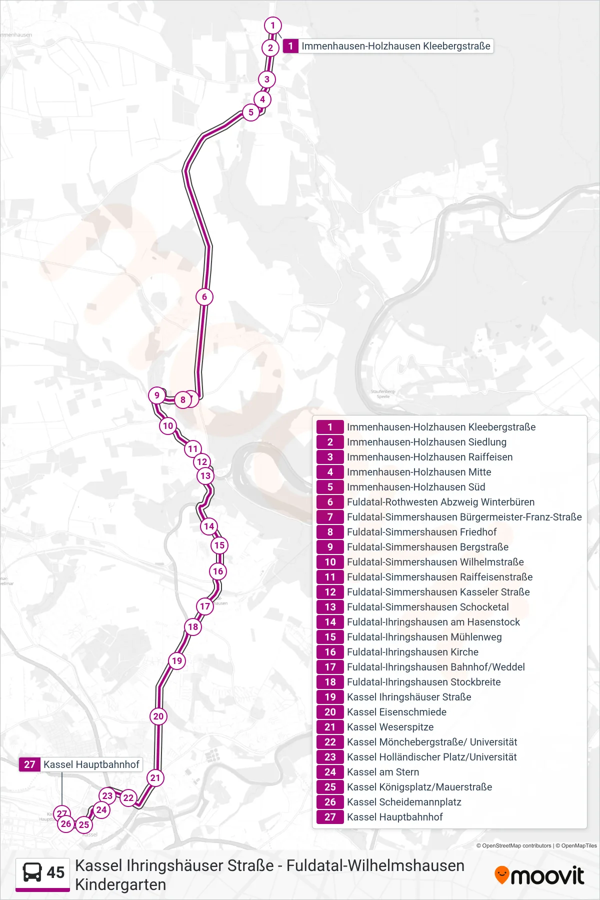 45 bus Line (Hauptbahnhof) route and stops on a map
