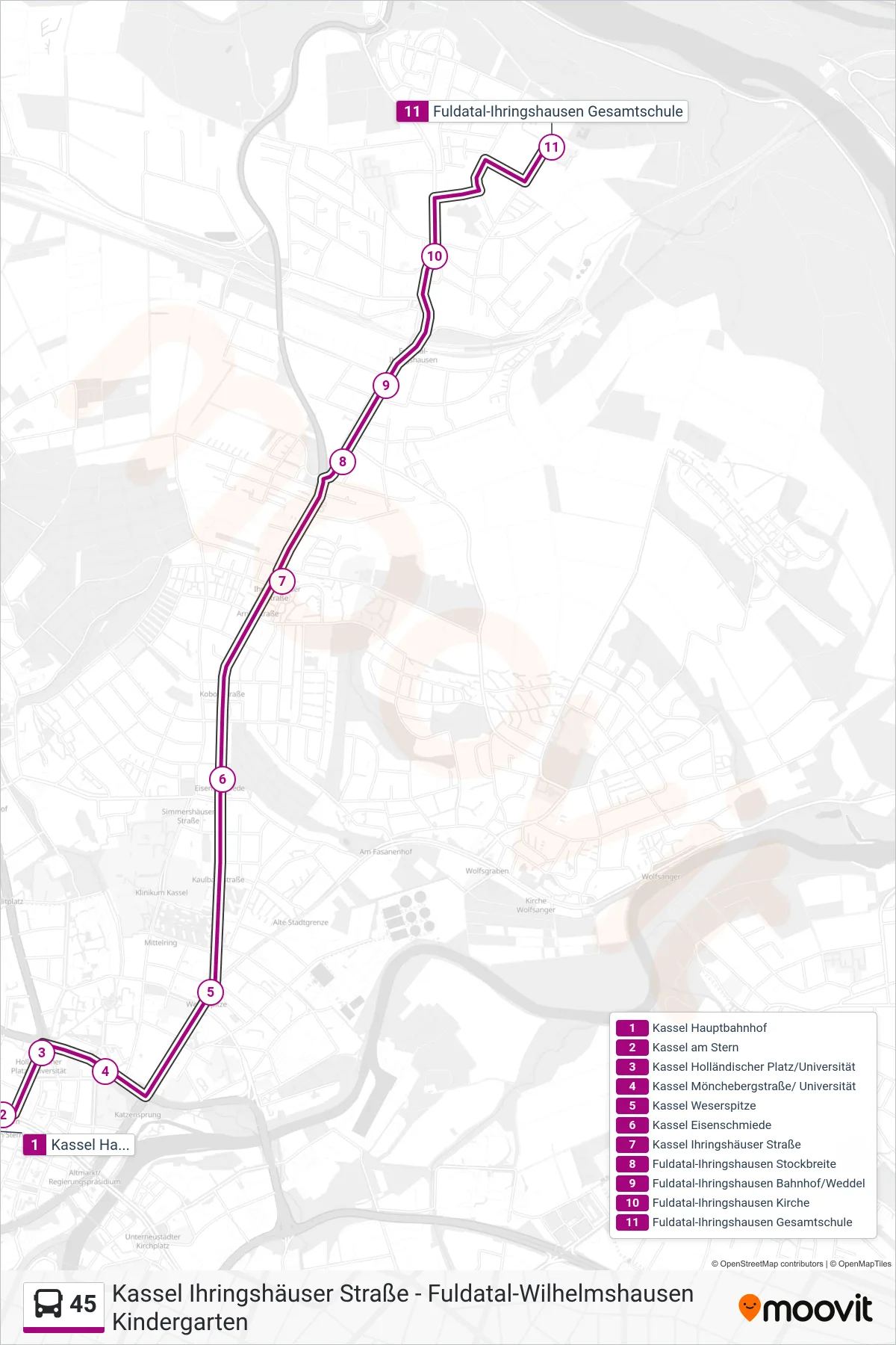 45 bus Line (Wahnhausen) route and stops on a map