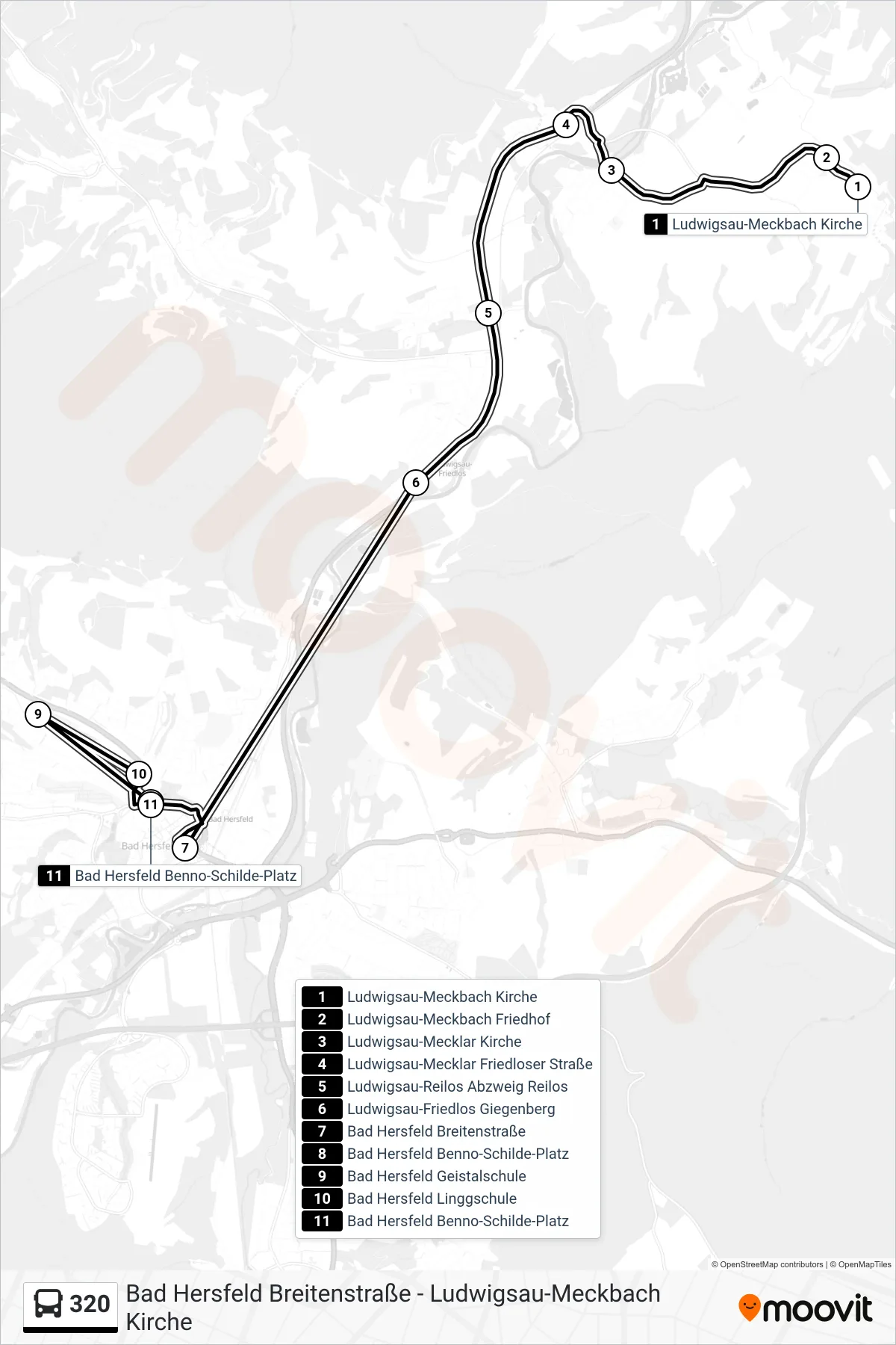 320 bus Line (Bad Hersfeld Benno-Schilde-Platz) route and stops on a map