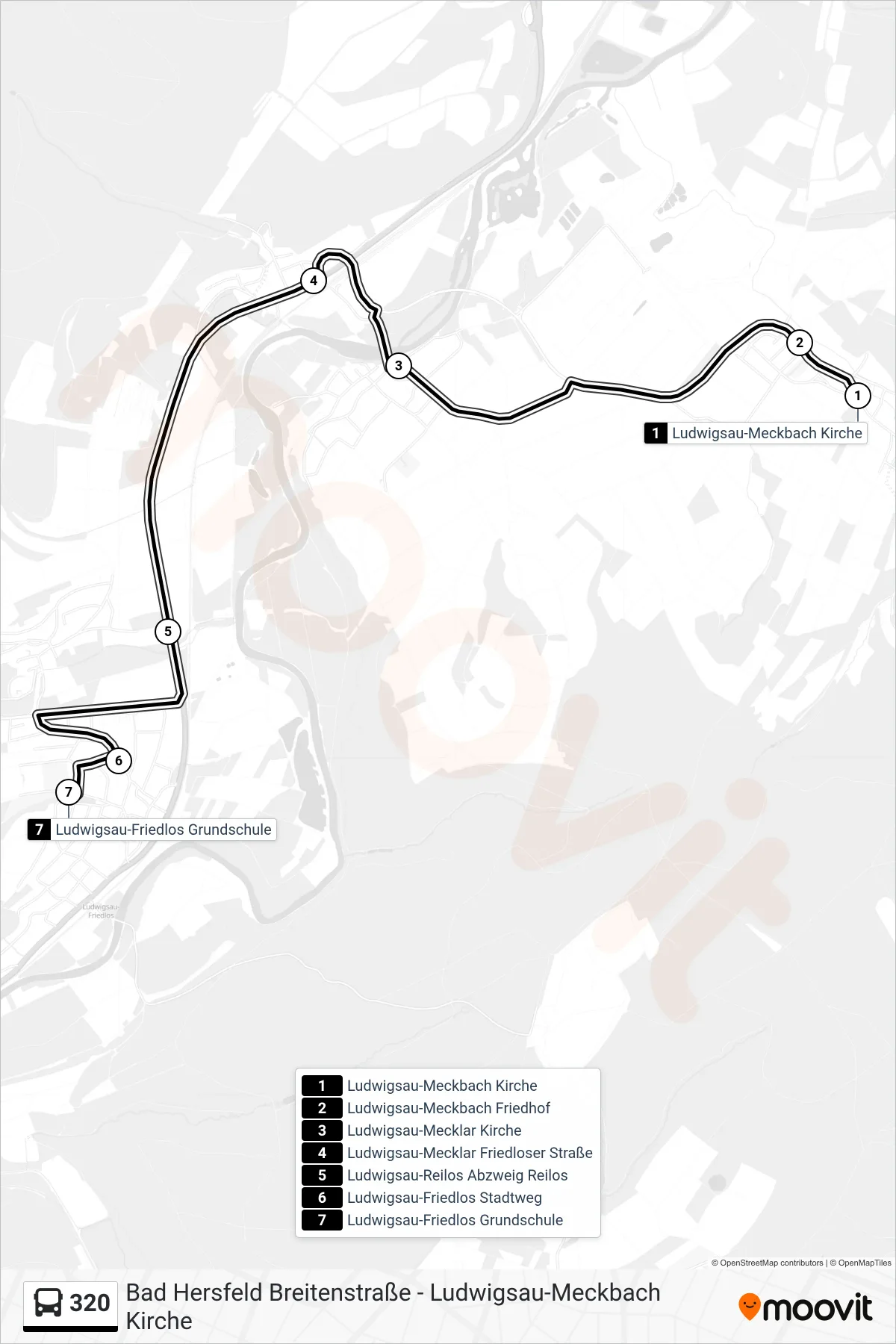 320 bus Line (Friedlos Grundschule) route and stops on a map