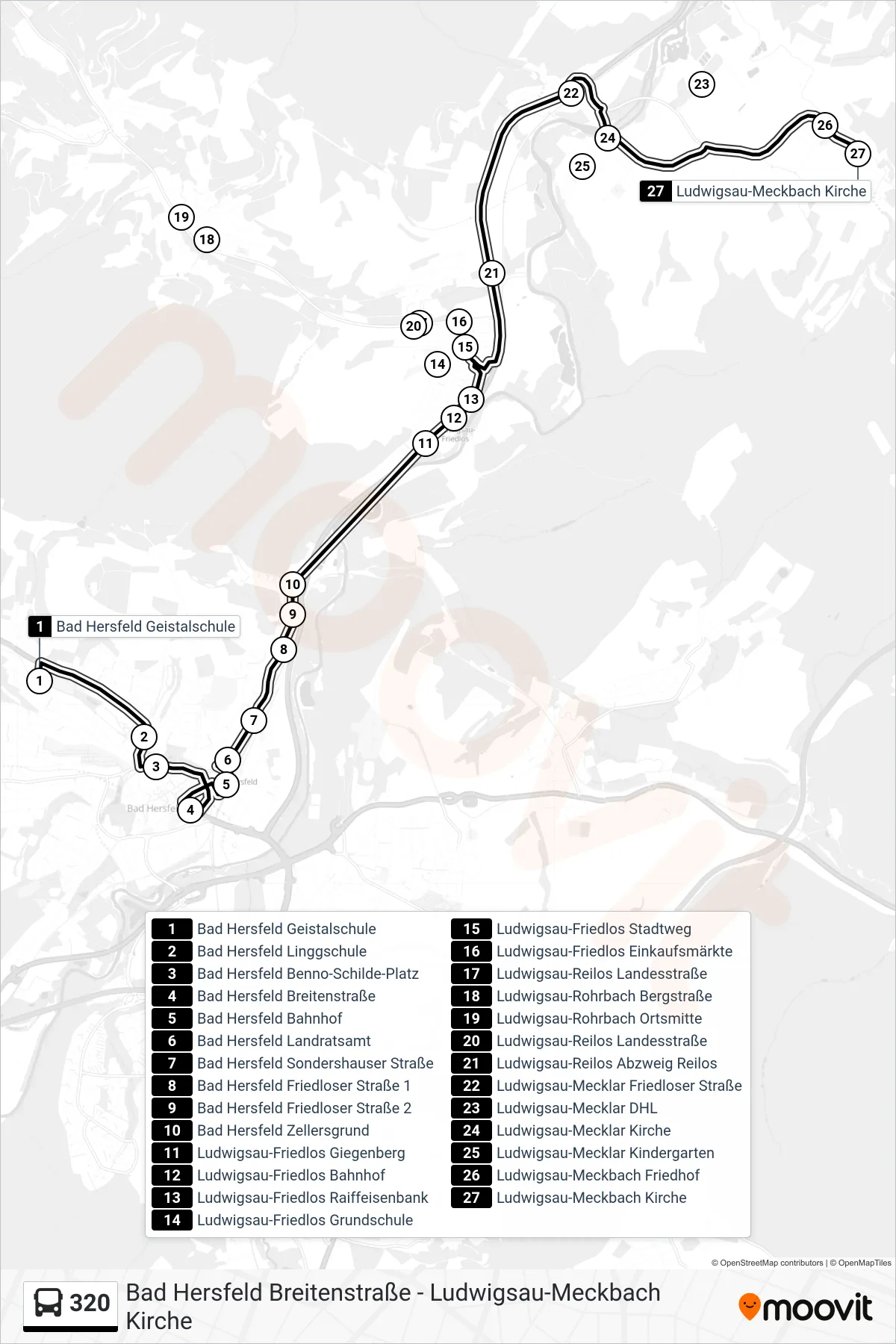 320 bus Line (Meckbach) route and stops on a map
