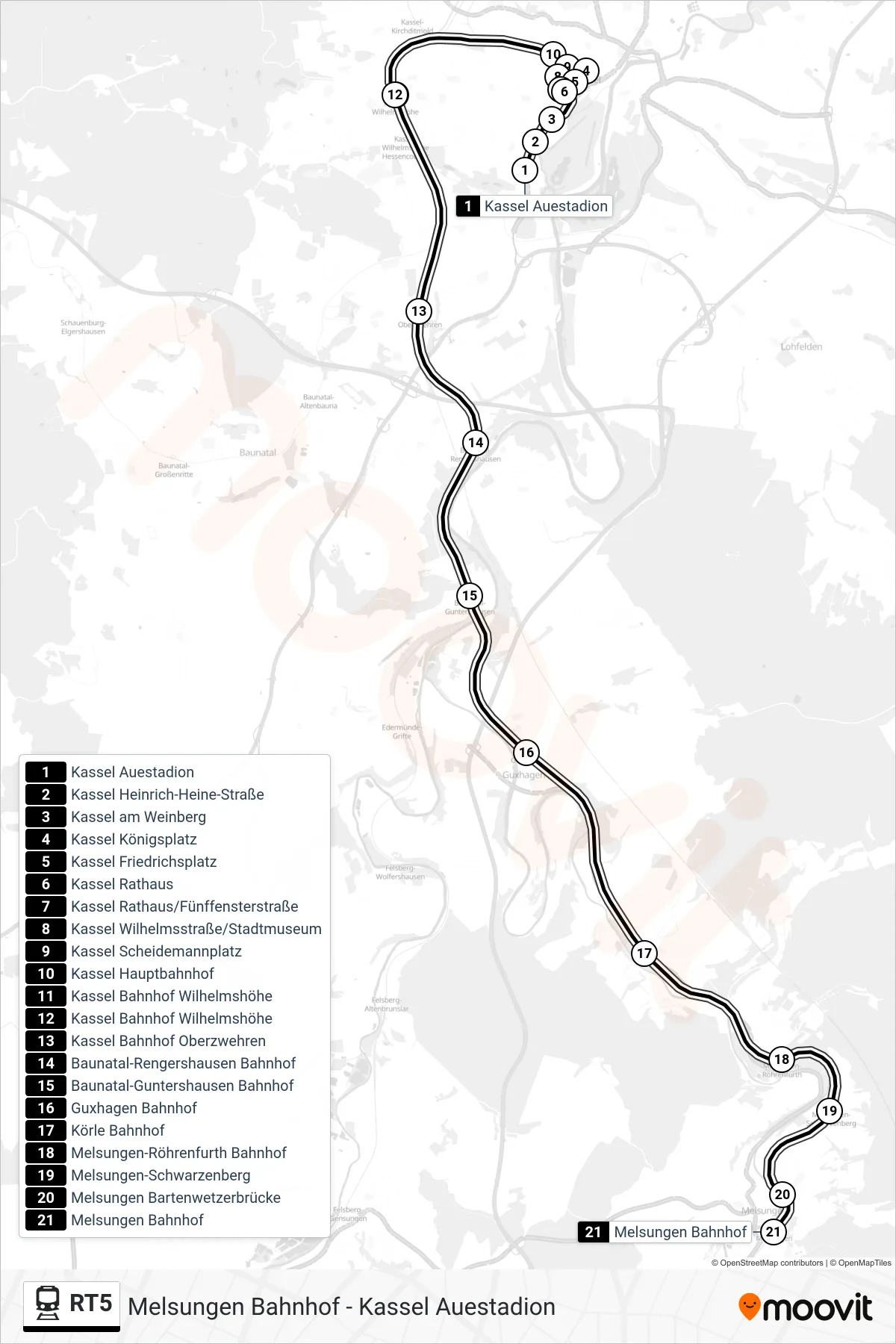 RT5 train Line (Melsungen Bahnhof) route and stops on a map