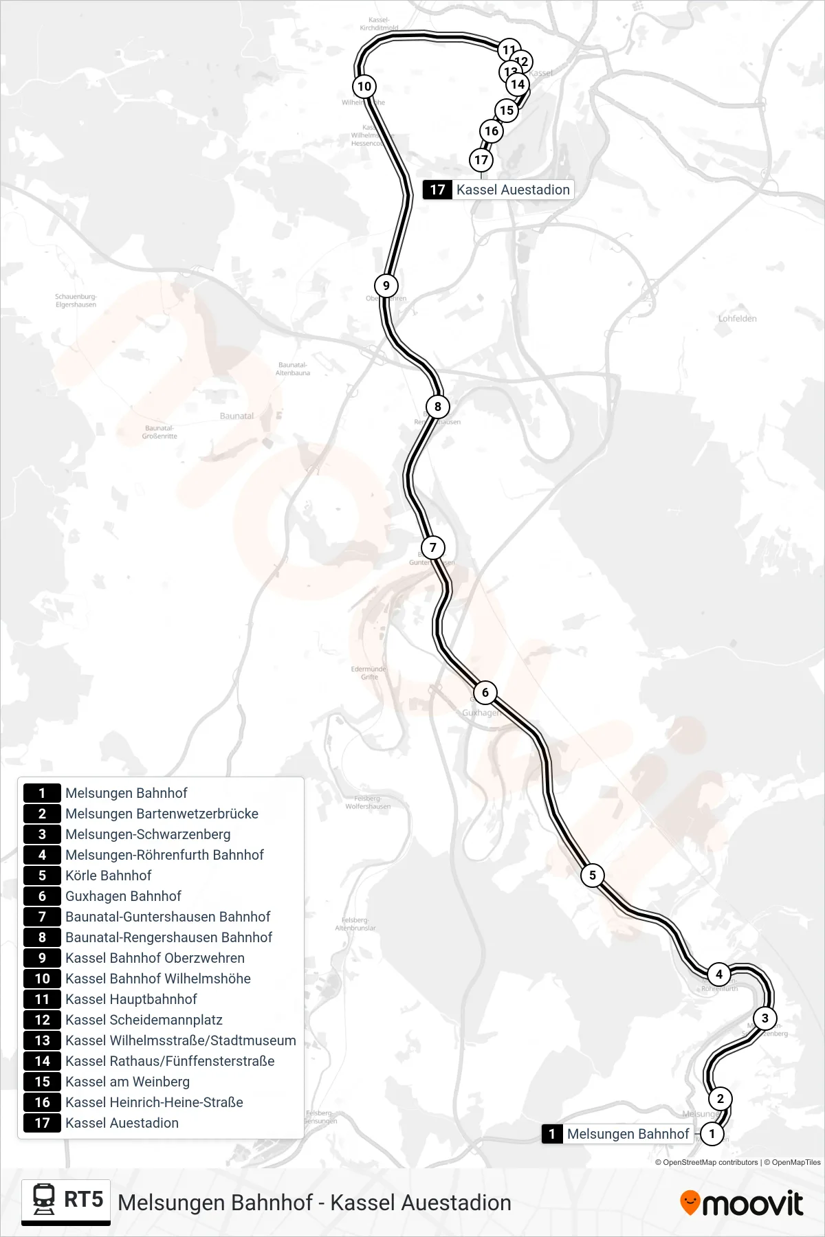 Linie RT5 (Bahn) Richtung Kassel Auestadion: Route und Haltestellen auf der Karte