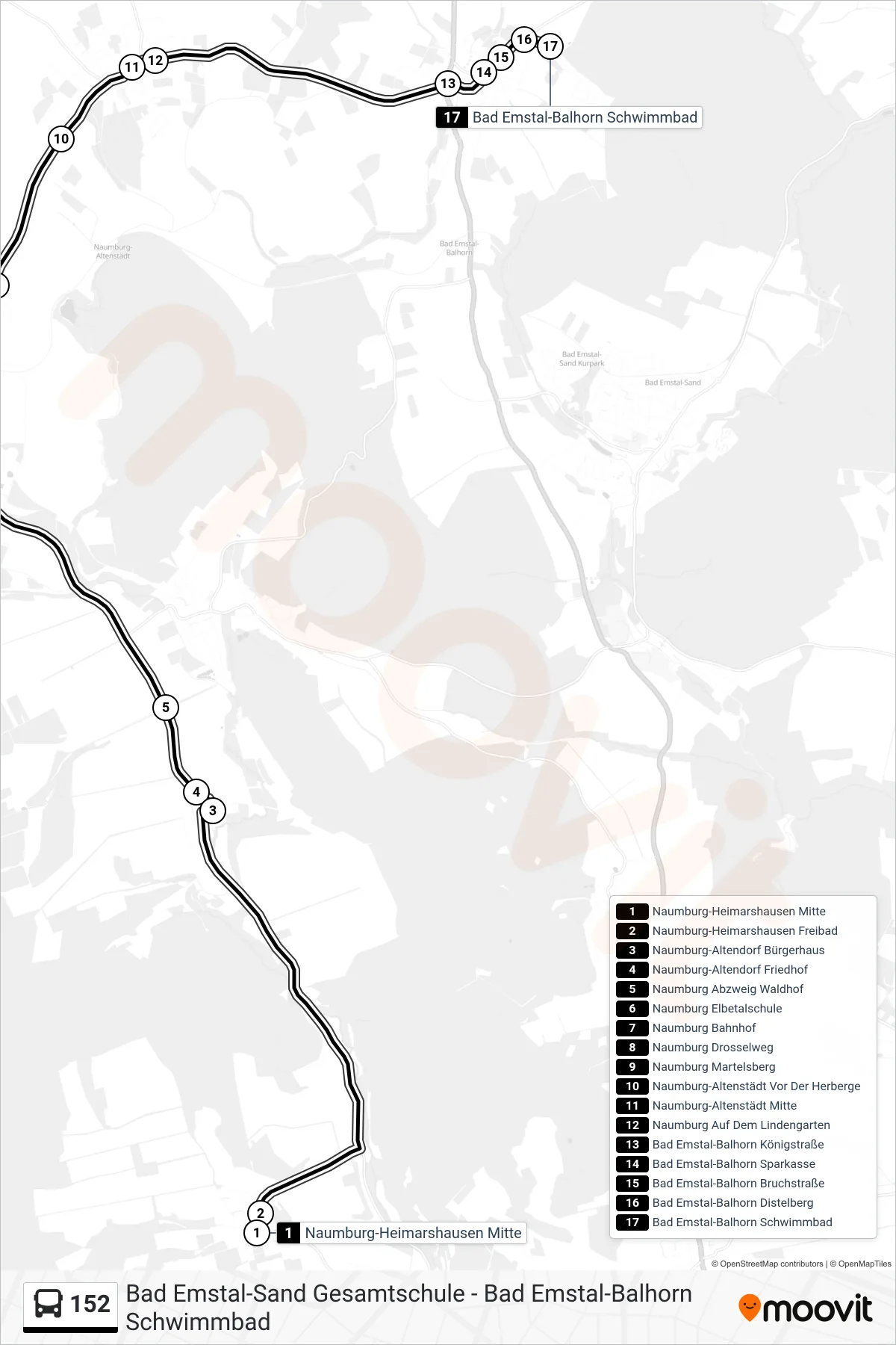 152 bus Line (Bad Emstal-Balhorn Schwimmbad) route and stops on a map