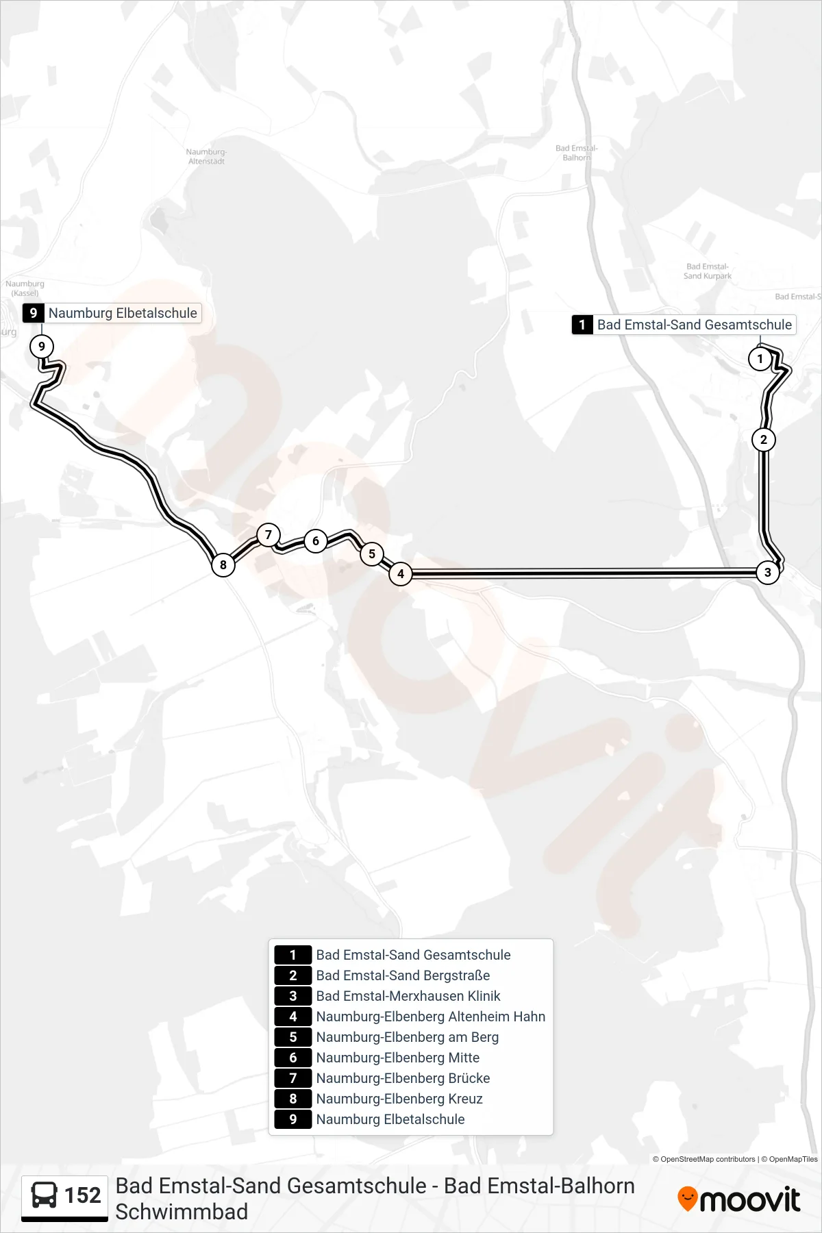 152 bus Line (Naumburg) route and stops on a map