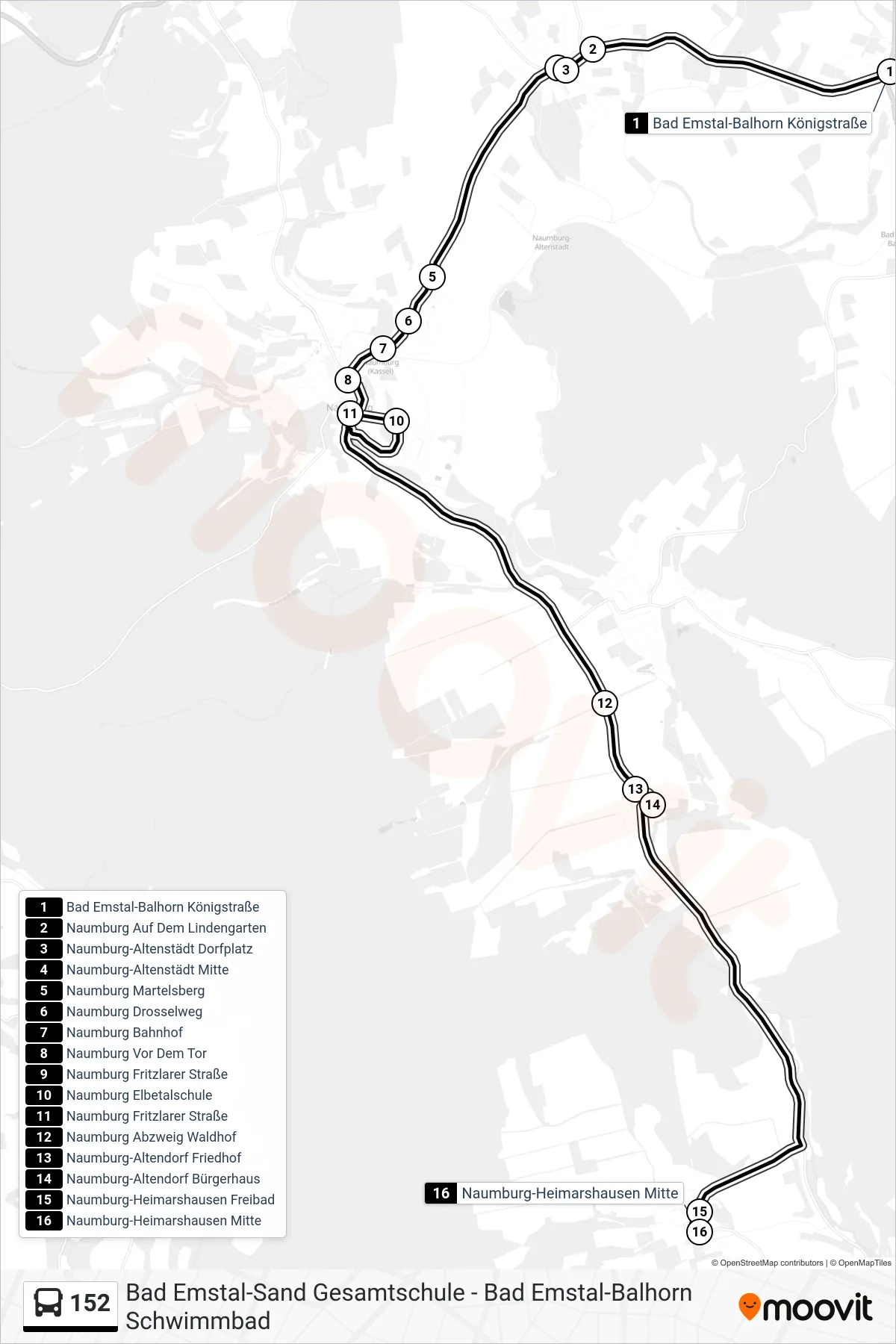 152 bus Line (Naumburg-Heimarshausen Mitte) route and stops on a map