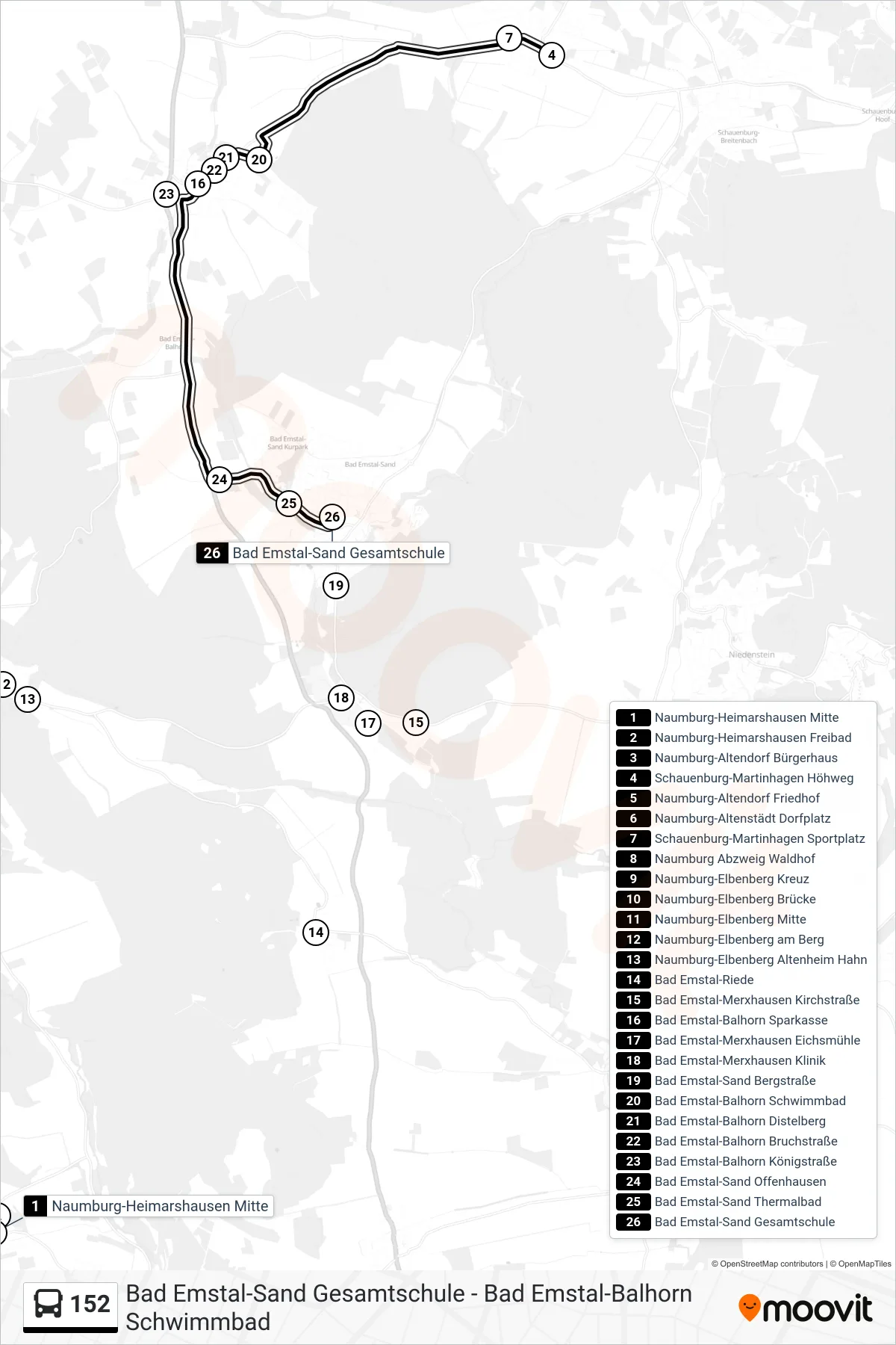 152 bus Line (Bad Emstal-Sand) route and stops on a map