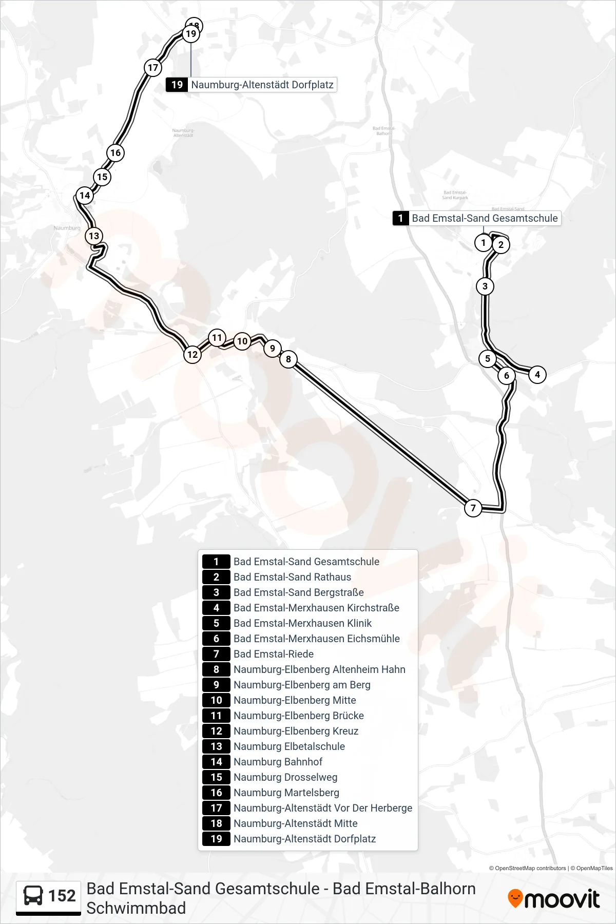 152 bus Line (Naumburg-Altenstädt Dorfplatz) route and stops on a map