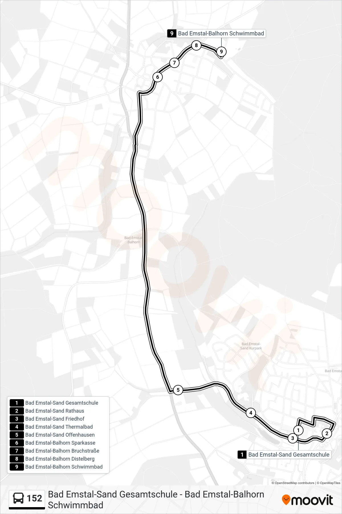 152 bus Line (Balhorn Schwimmbad) route and stops on a map