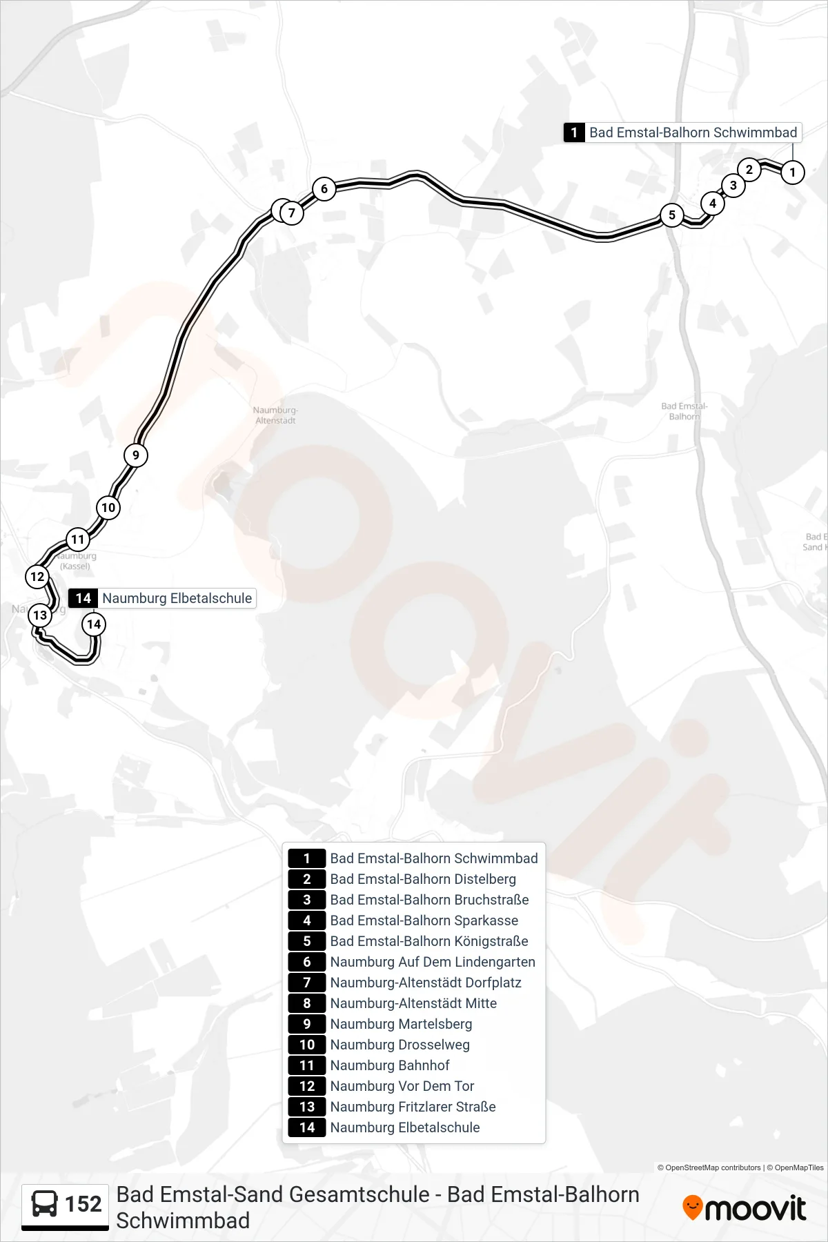 152 bus Line (Naumburg) route and stops on a map
