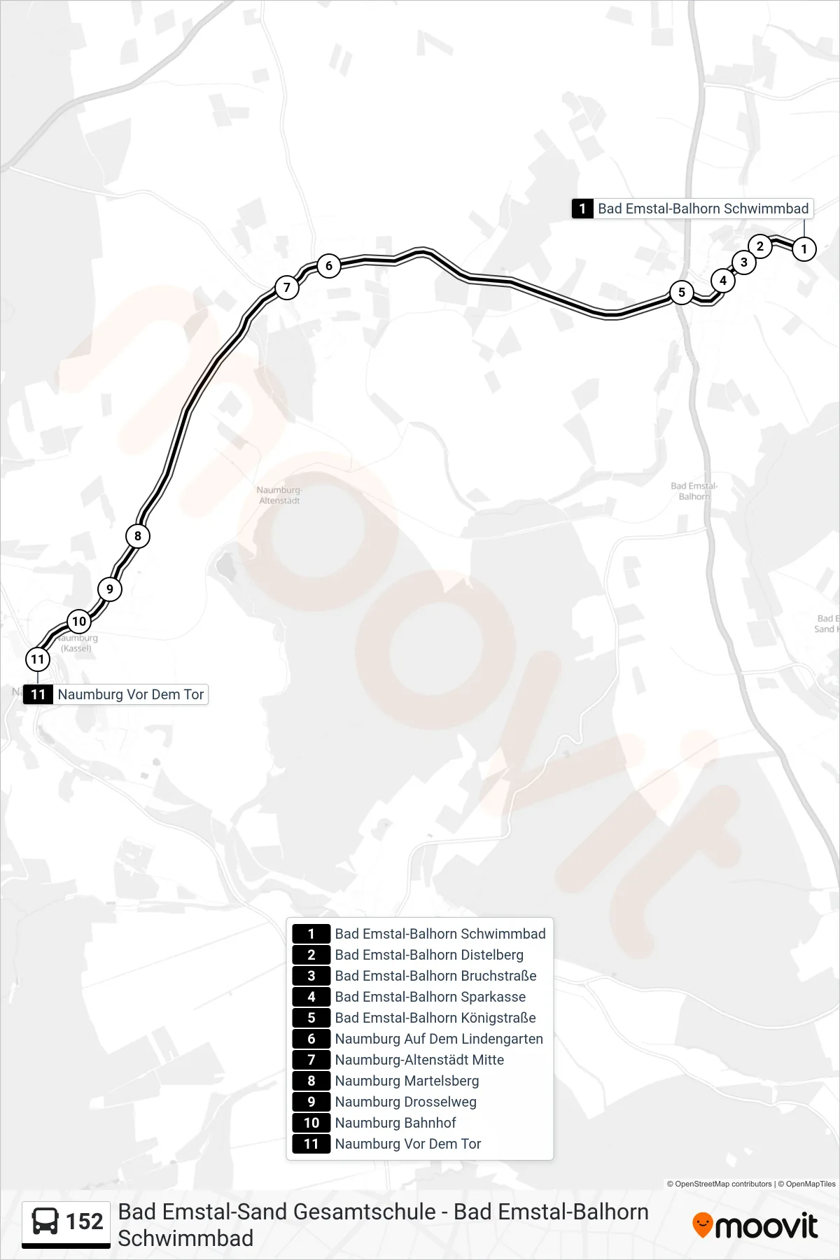 152 bus Line (Naumburg Via Altenstädt) route and stops on a map