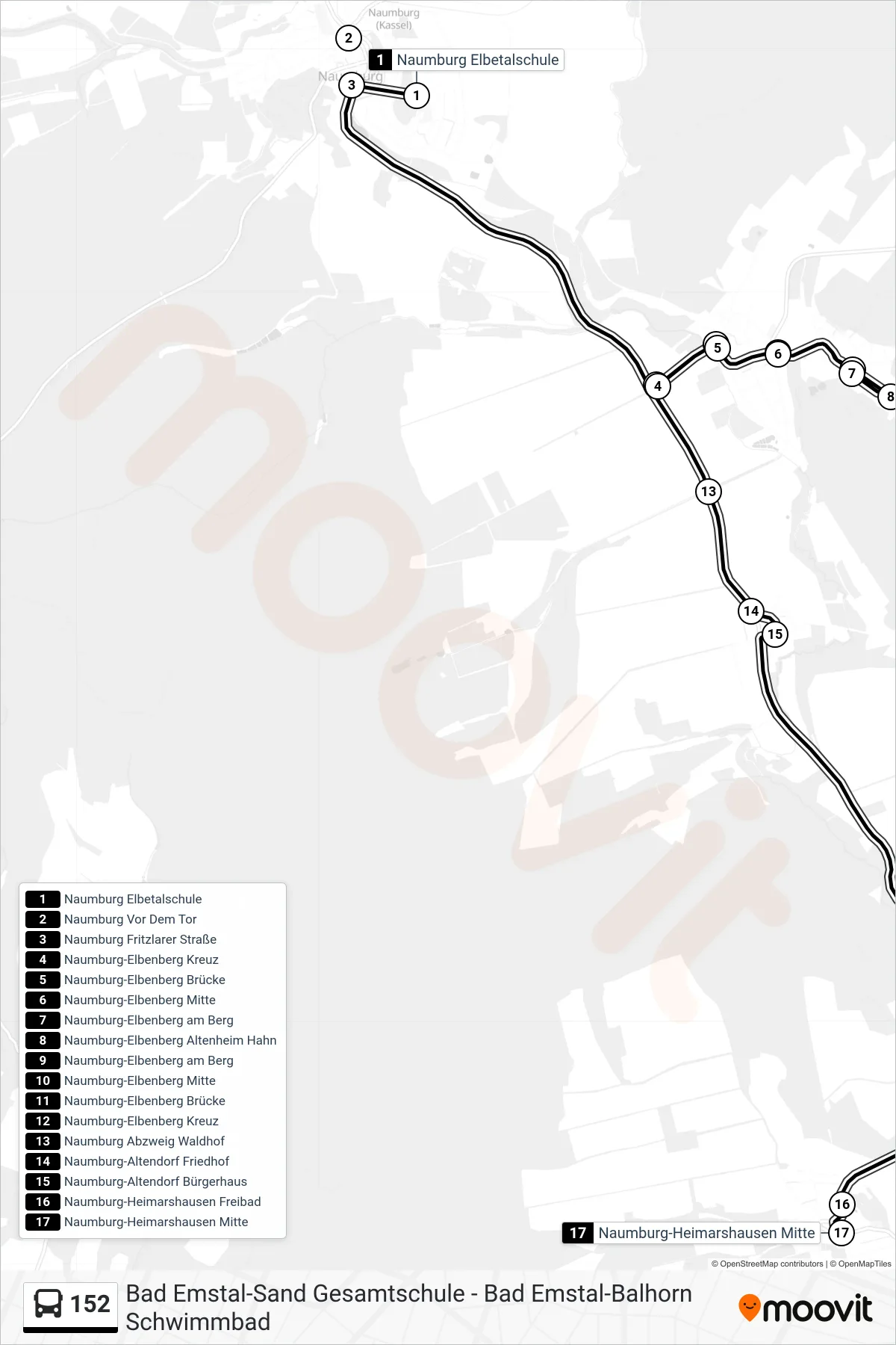152 bus Line (Heimarshausen) route and stops on a map