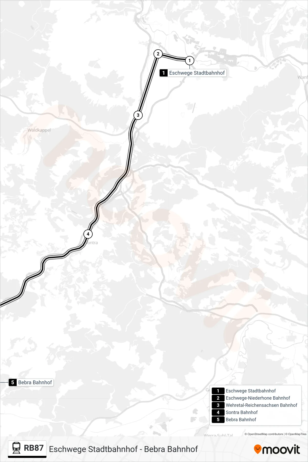RB87 train Line (Bebra Bahnhof) route and stops on a map