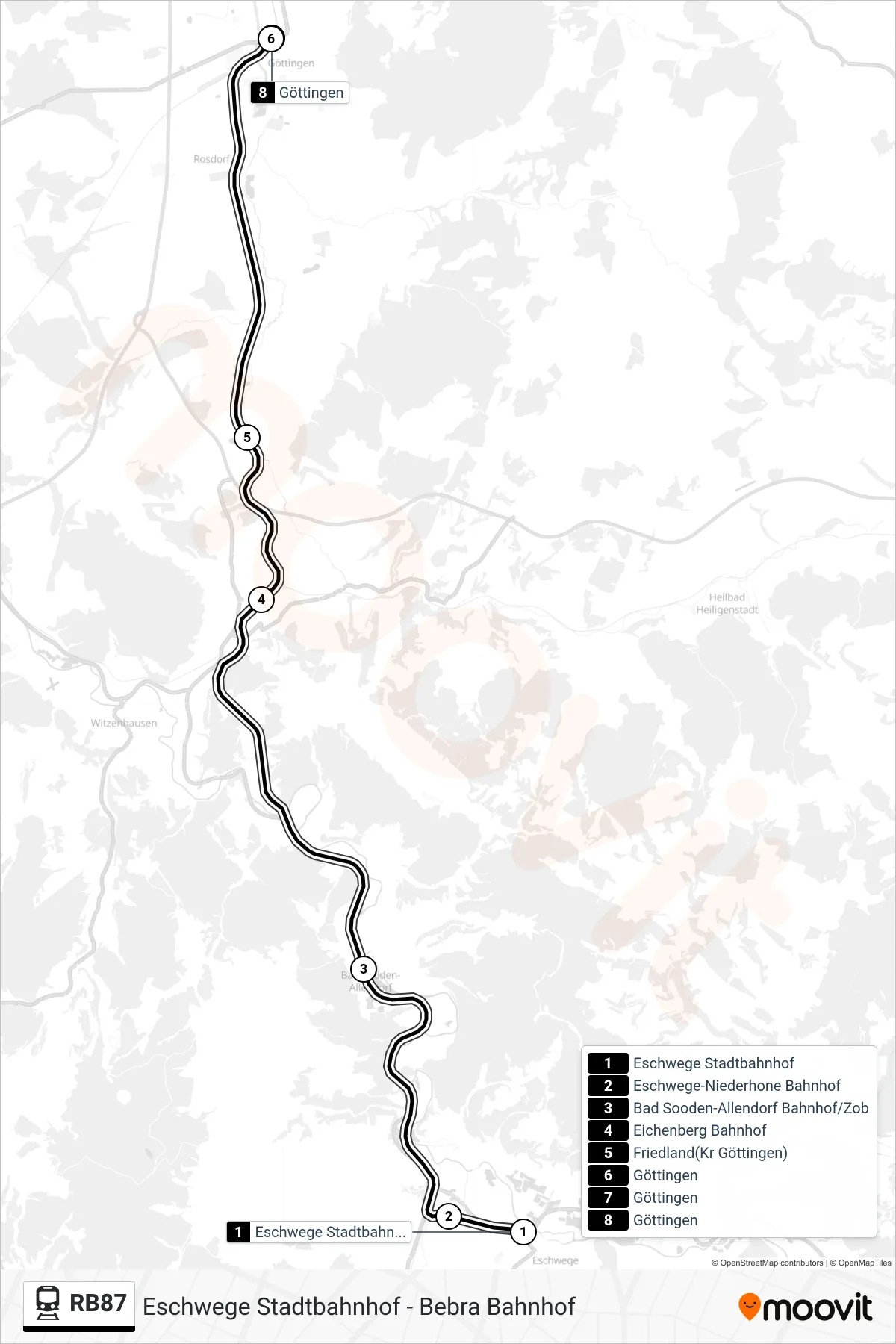 RB87 rail Line (Göttingen) route and stops on a map