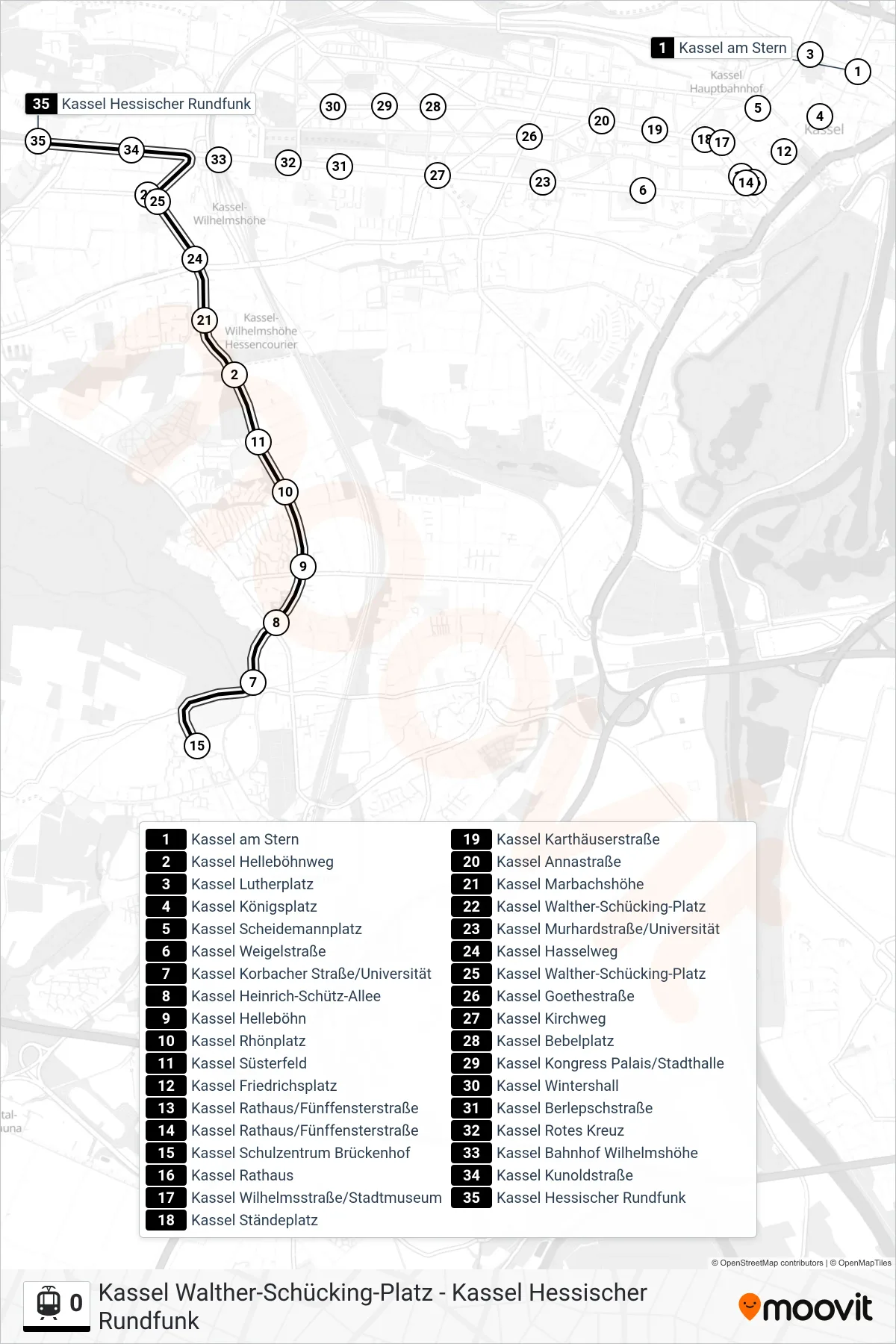 0 light rail Line (Kassel Hessischer Rundfunk) route and stops on a map