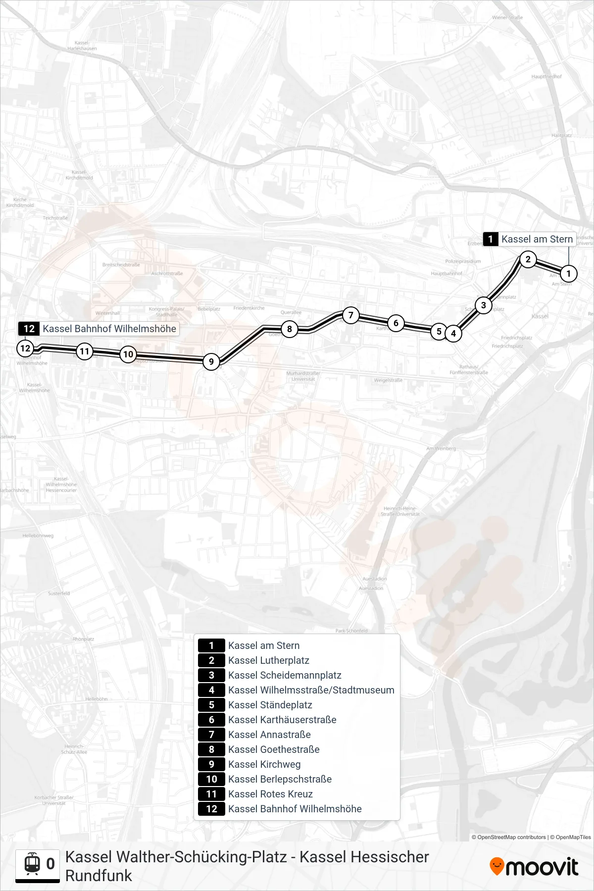 0 light rail Line (Kassel Bahnhof Wilhelmshöhe) route and stops on a map