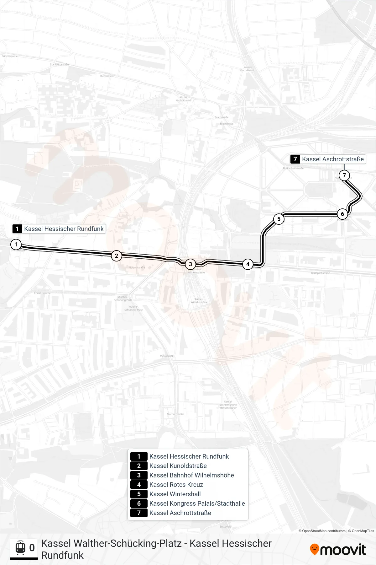 Linie 0 (Straßenbahn) Richtung Kassel Aschrottstraße: Route und Haltestellen auf der Karte