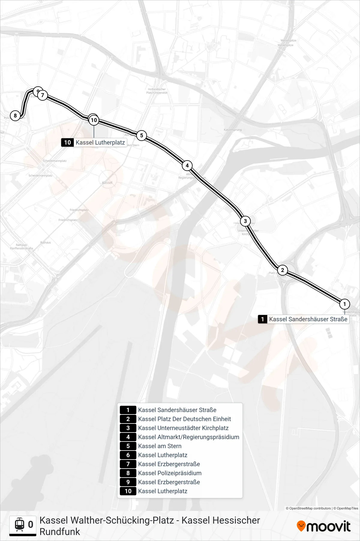 0 light rail Line (Kassel Lutherplatz) route and stops on a map