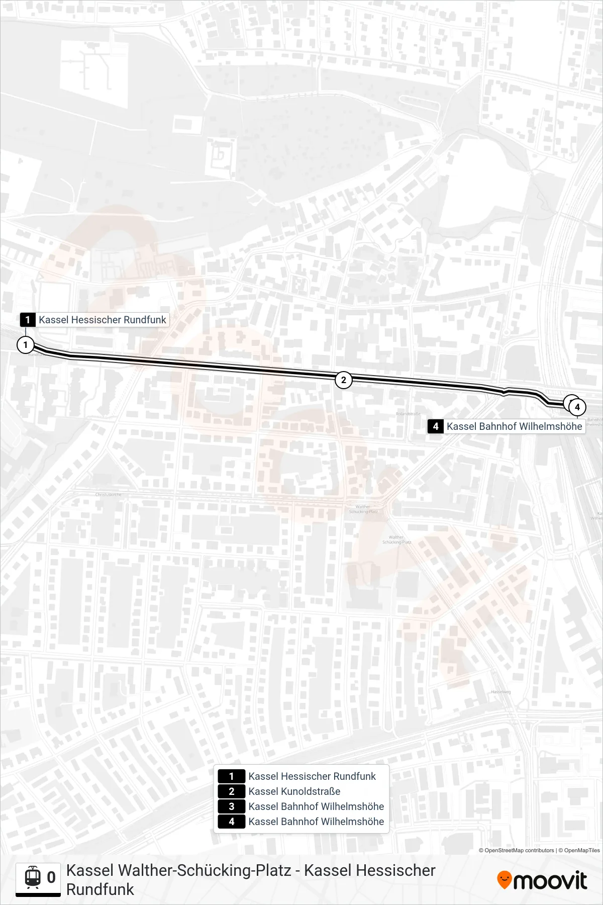 0 light rail Line (Kassel Bahnhof Wilhelmshöhe) route and stops on a map