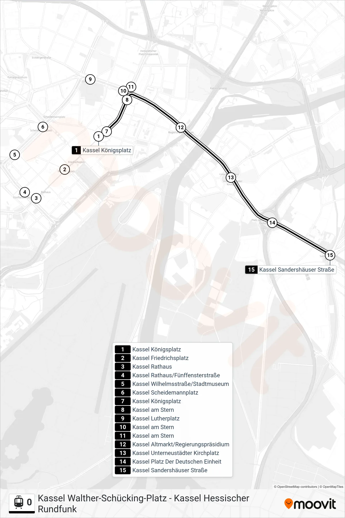 0 light rail Line (Kassel Sandershäuser Straße) route and stops on a map