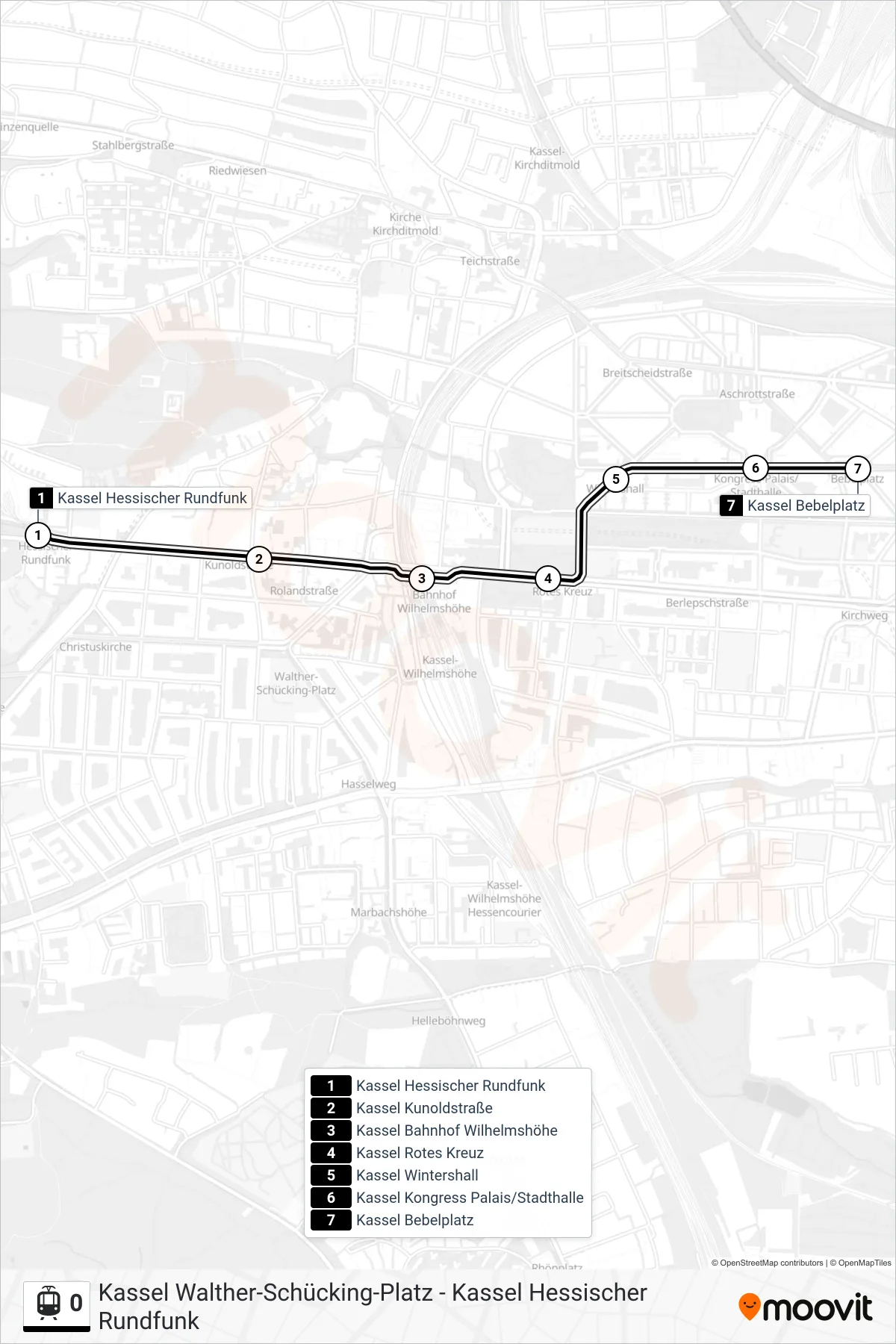 0 light rail Line (Kassel Bebelplatz) route and stops on a map