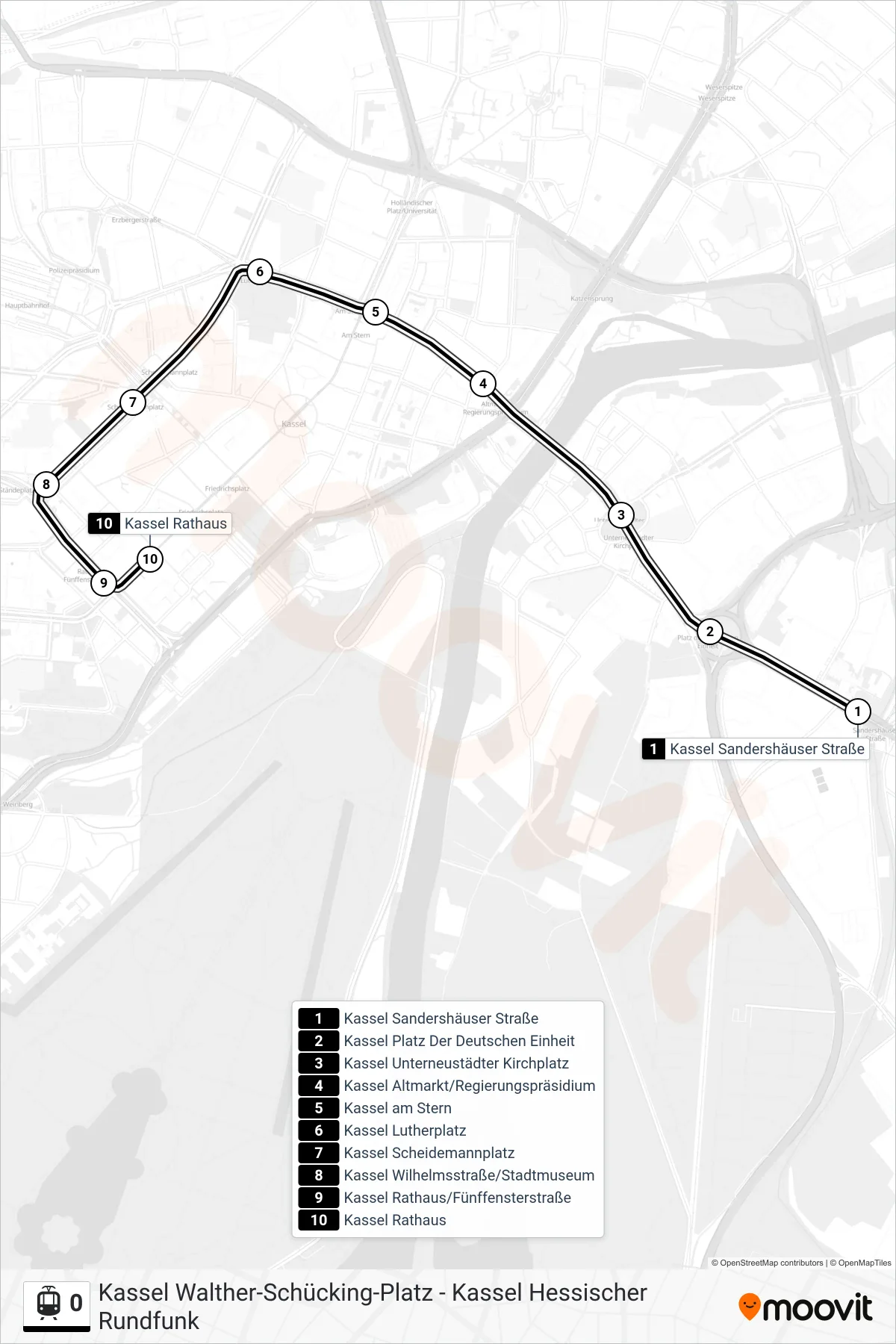 0 light rail Line (Kassel Rathaus) route and stops on a map