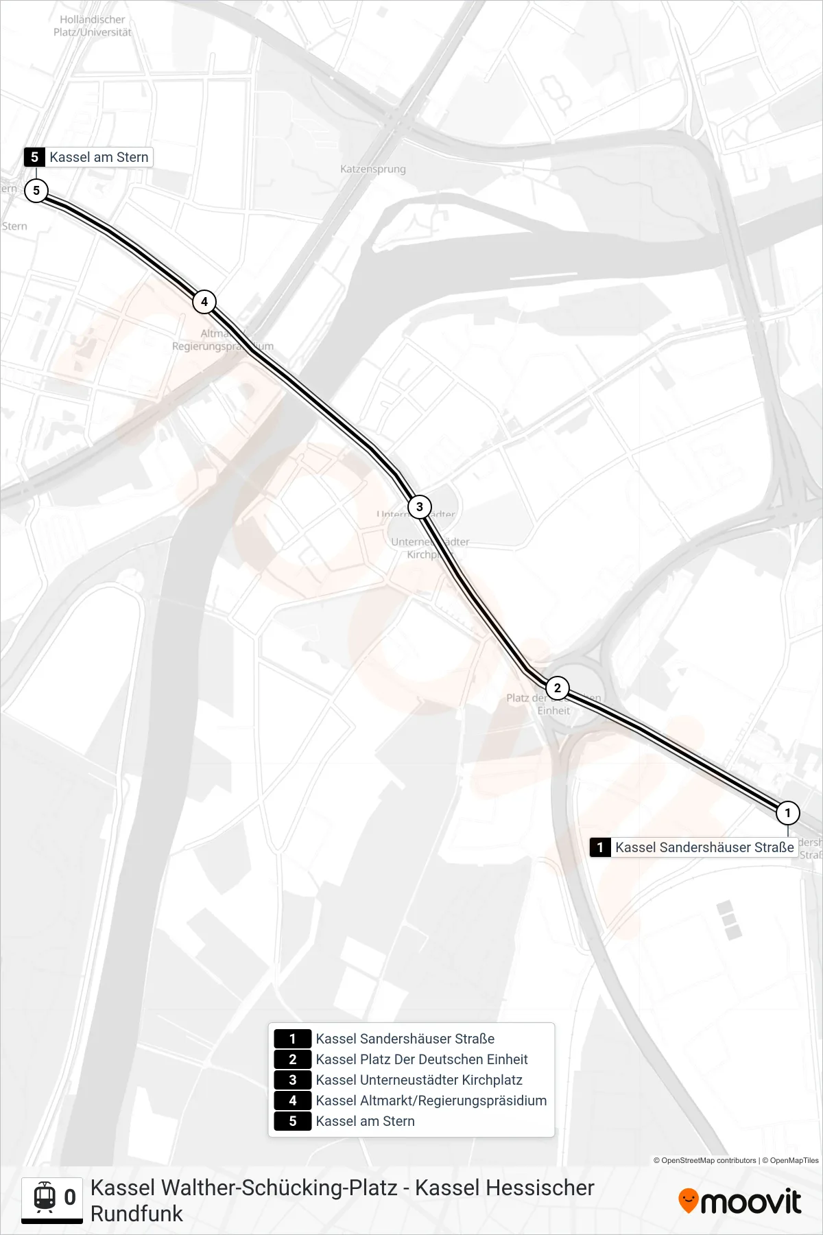 0 light rail Line (Kassel am Stern) route and stops on a map