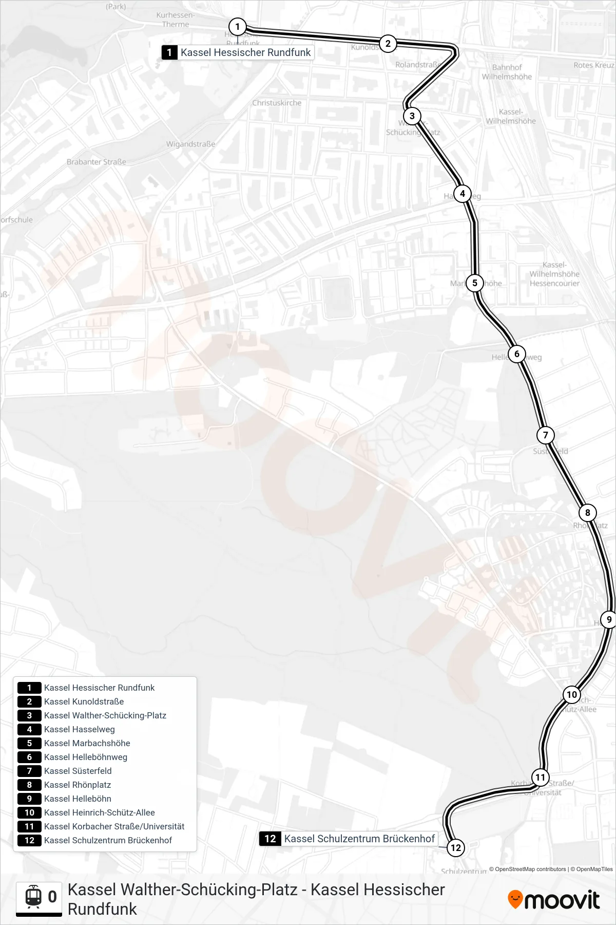 0 tram Line (Kassel Schulzentrum Brückenhof) route and stops on a map