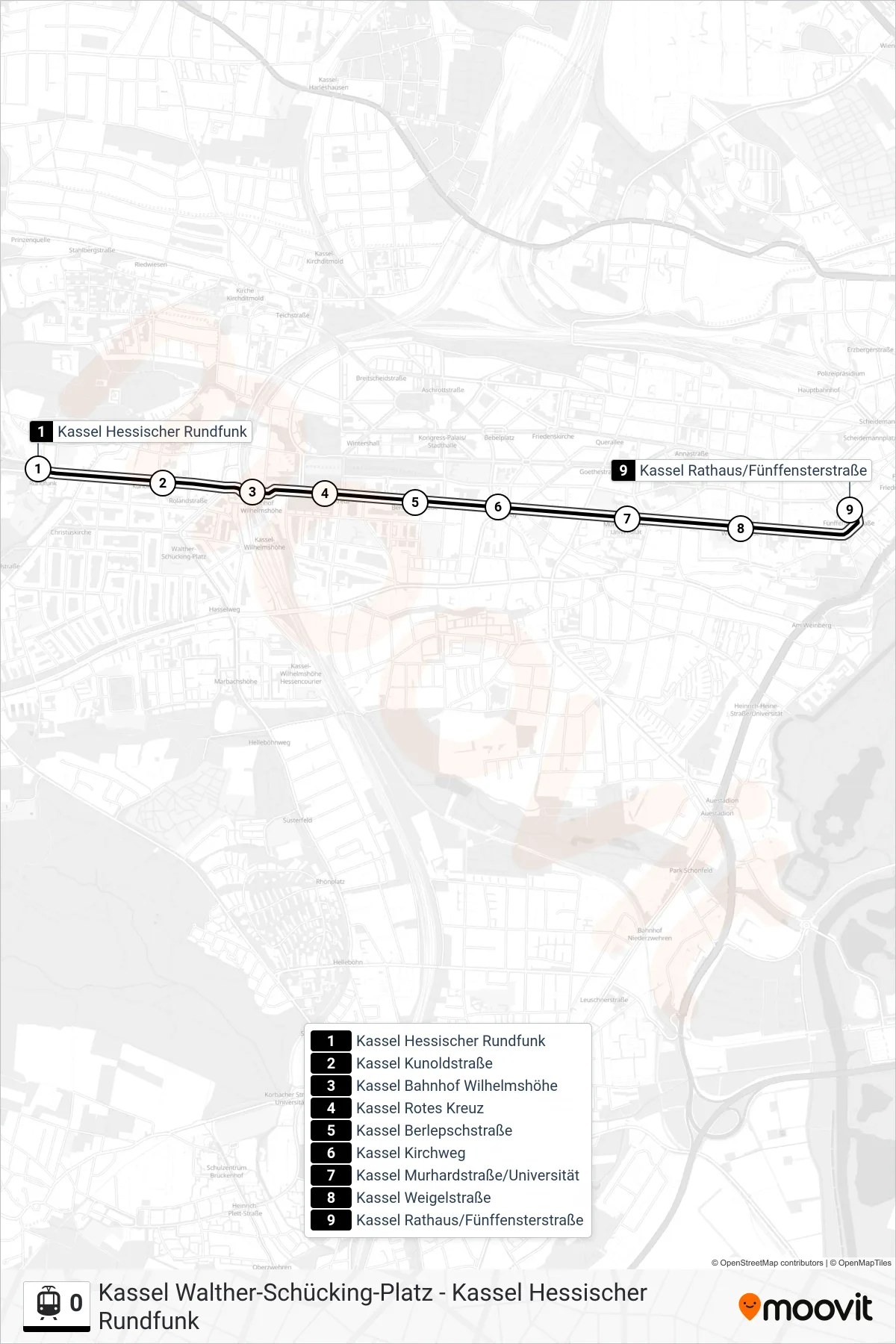 0 light rail Line (Rathaus/Fünffensterstraße) route and stops on a map