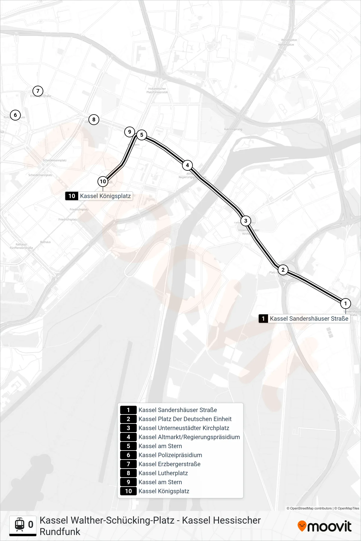 0 tram Line (Kassel) route and stops on a map