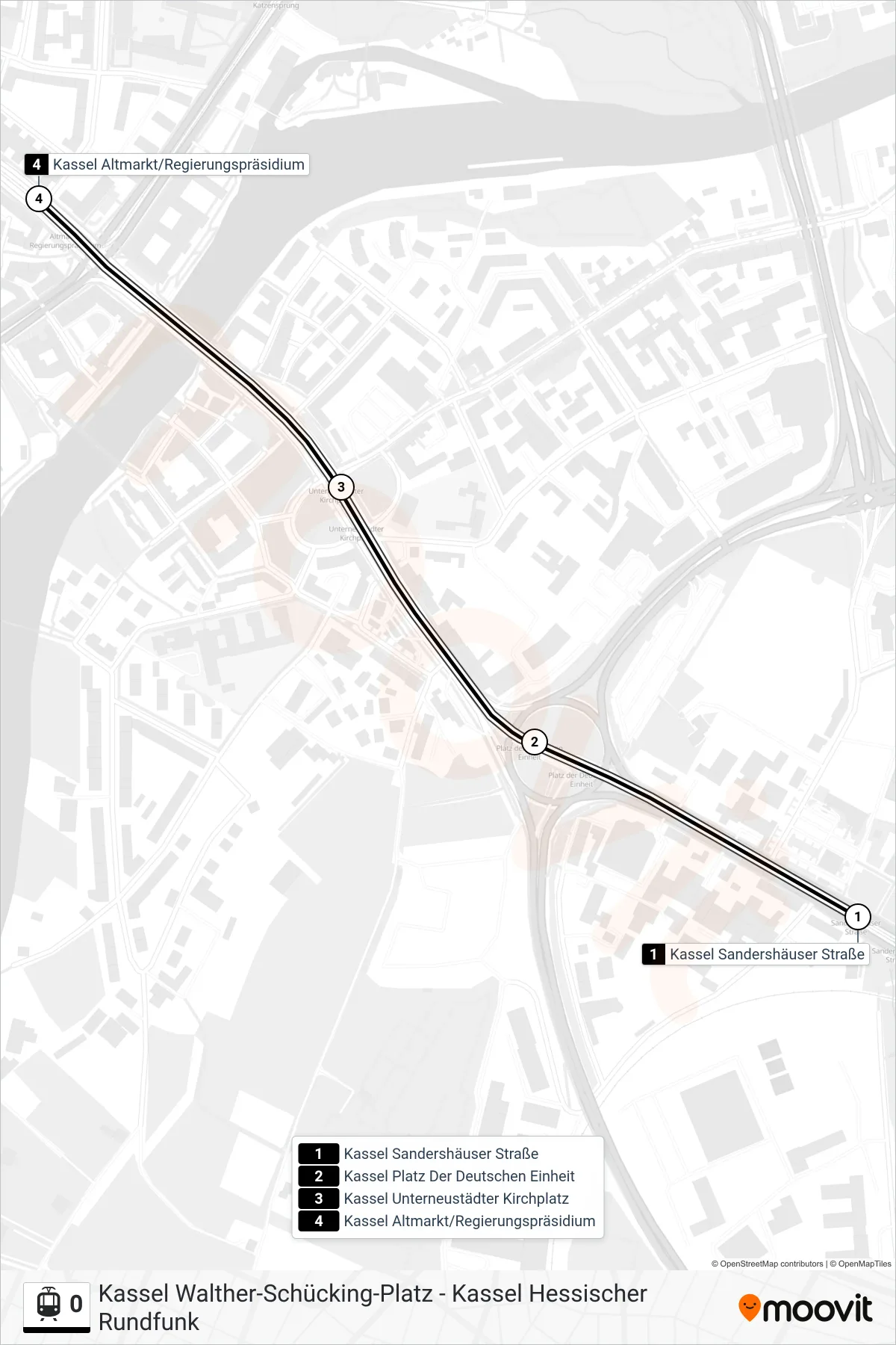 0 tram Line (Kassel Altmarkt/Regierungspräsidium) route and stops on a map