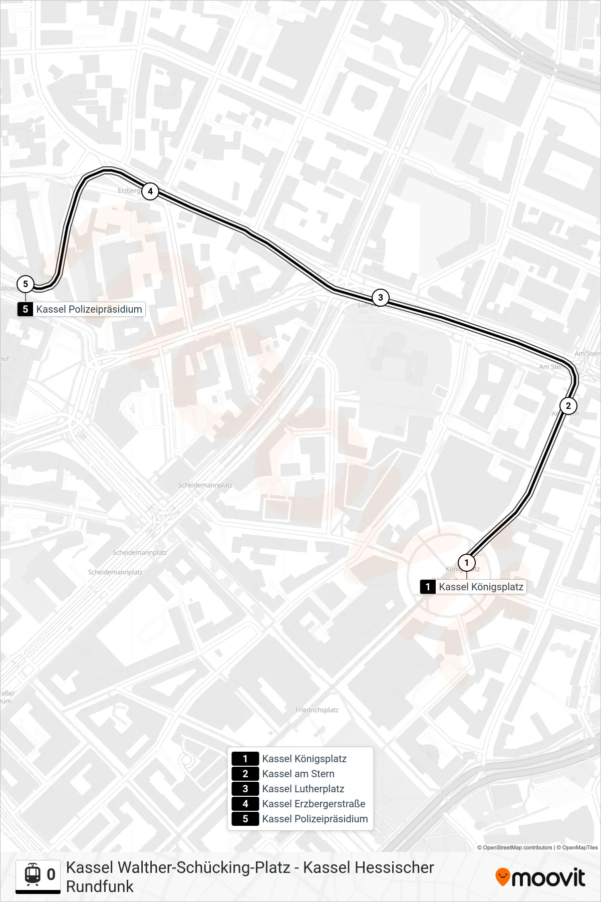0 light rail Line (Kassel Polizeipräsidium) route and stops on a map