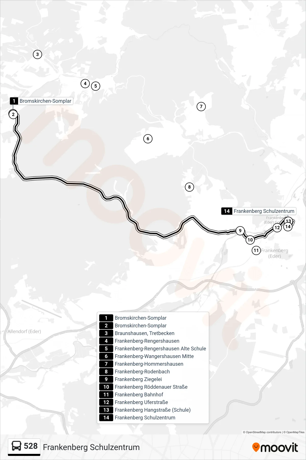 Linie 528 (Bus) Richtung Frankenberg Schulzentrum: Route und Haltestellen auf der Karte
