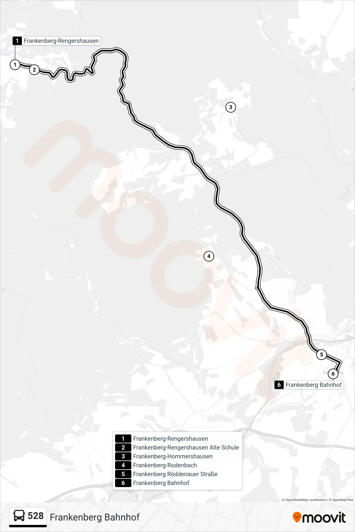 528 bus Line (Frankenberg Bahnhof) route and stops on a map