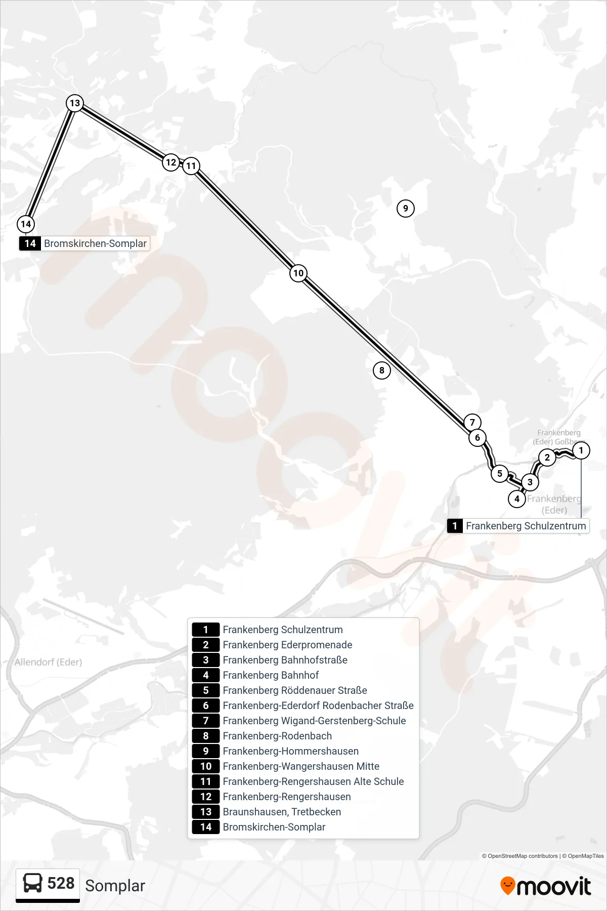 528 bus Line (Somplar) route and stops on a map