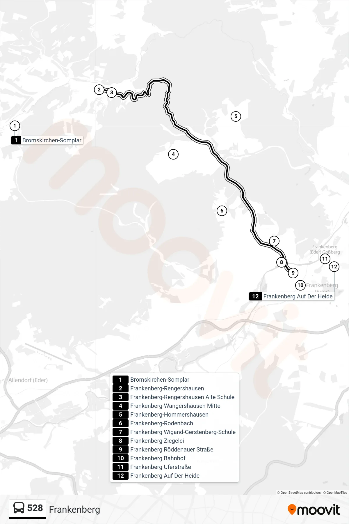 528 bus Line (Frankenberg) route and stops on a map