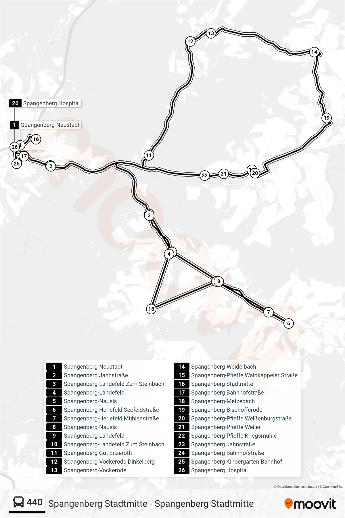 440 bus Line (Spangenberg Stadtmitte) route and stops on a map