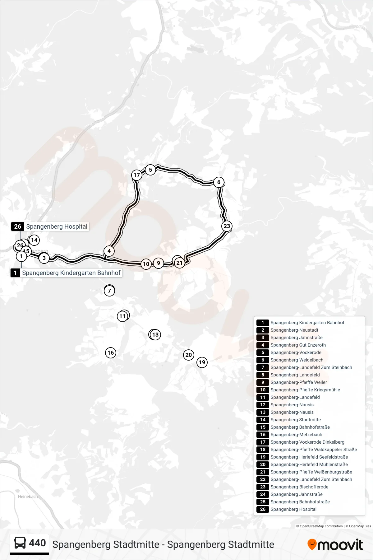 Linie 440 (Bus) Richtung Spangenberg: Route und Haltestellen auf der Karte