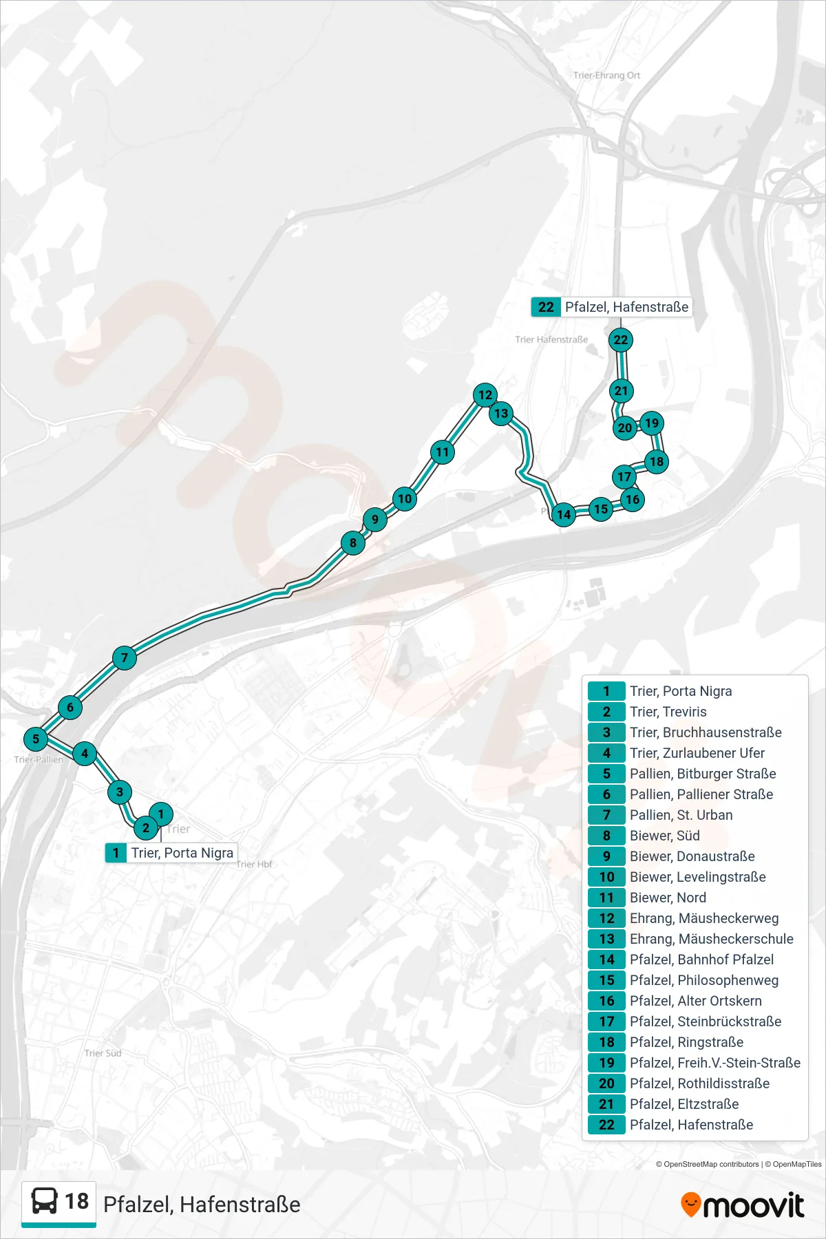 18 bus Line (Pfalzel, Hafenstraße) route and stops on a map