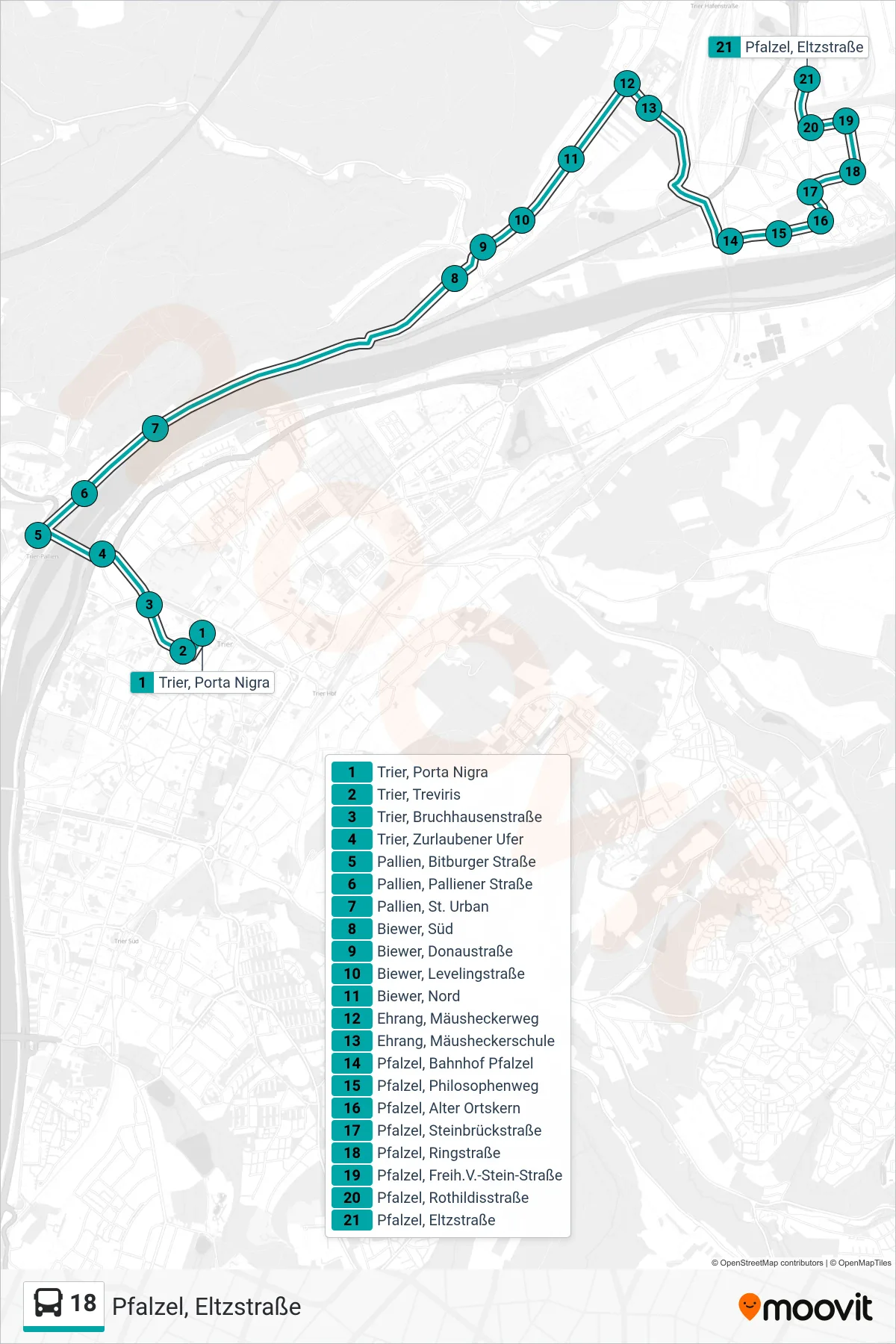 18 bus Line (Pfalzel, Eltzstraße) route and stops on a map