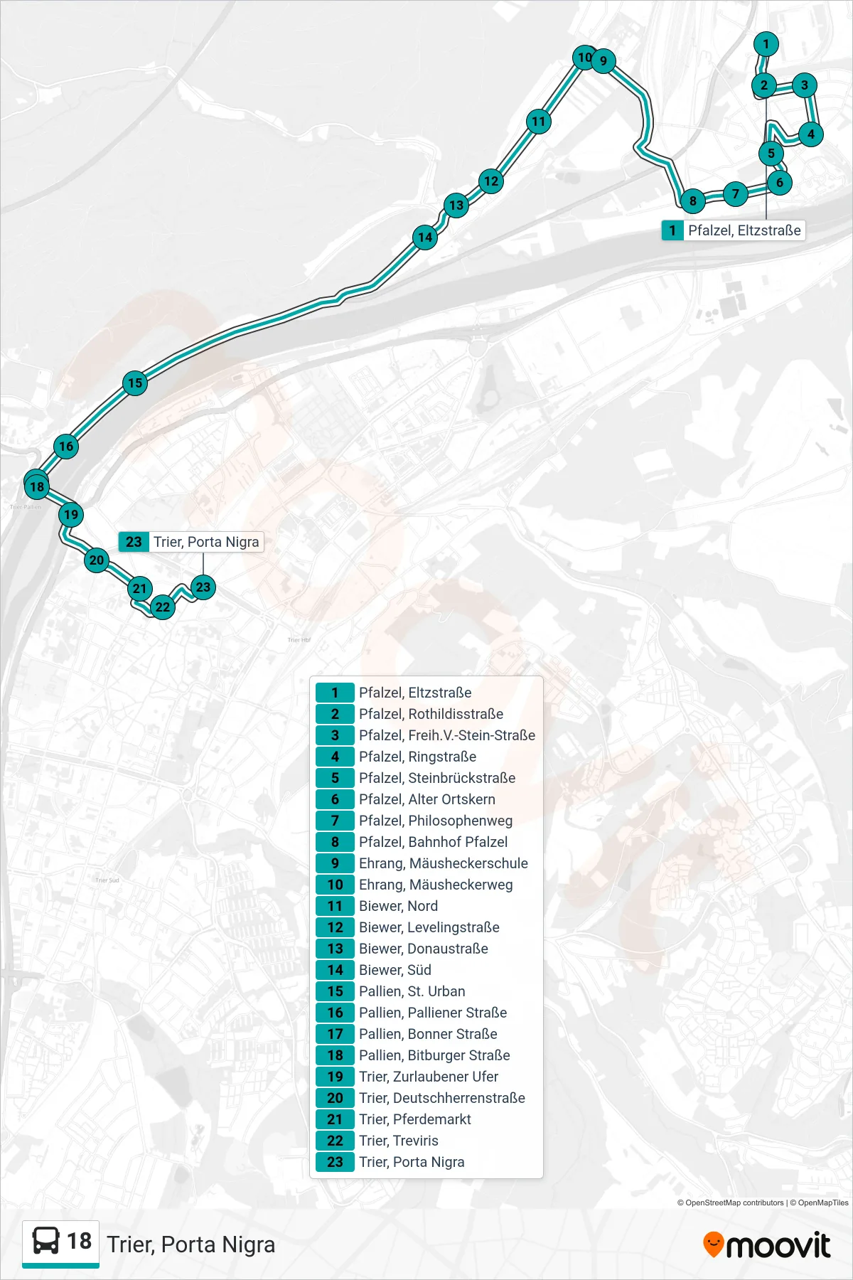Linie 18 (Bus) Richtung Trier, Porta Nigra: Route und Haltestellen auf der Karte
