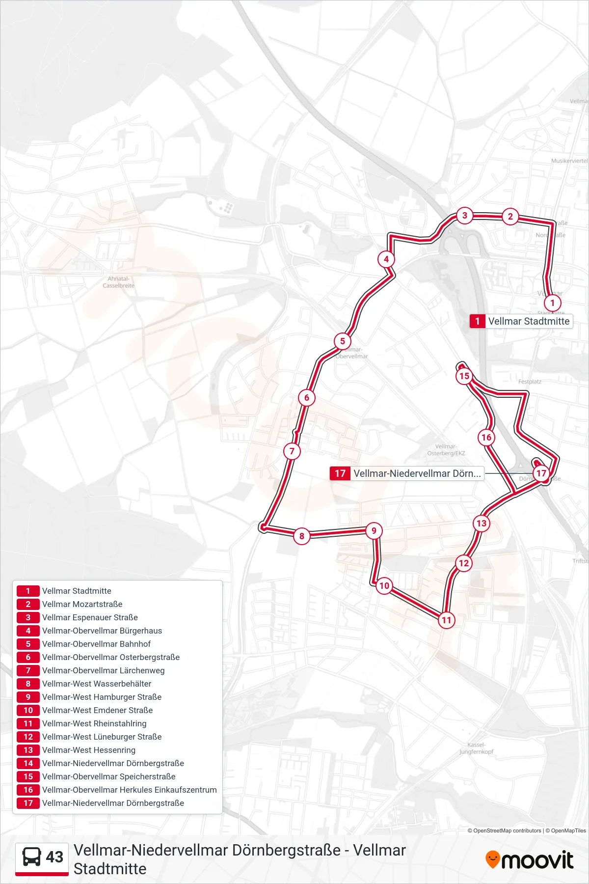 Linie 43 (Bus) Richtung Vellmar-Niedervellmar Dörnbergstraße: Route und Haltestellen auf der Karte