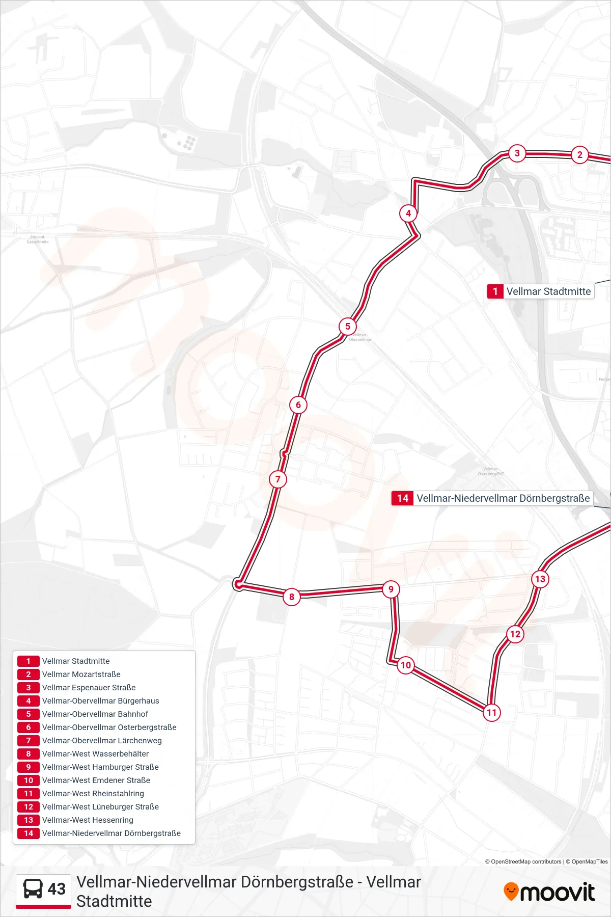 43 bus Line (Niedervellmar) route and stops on a map