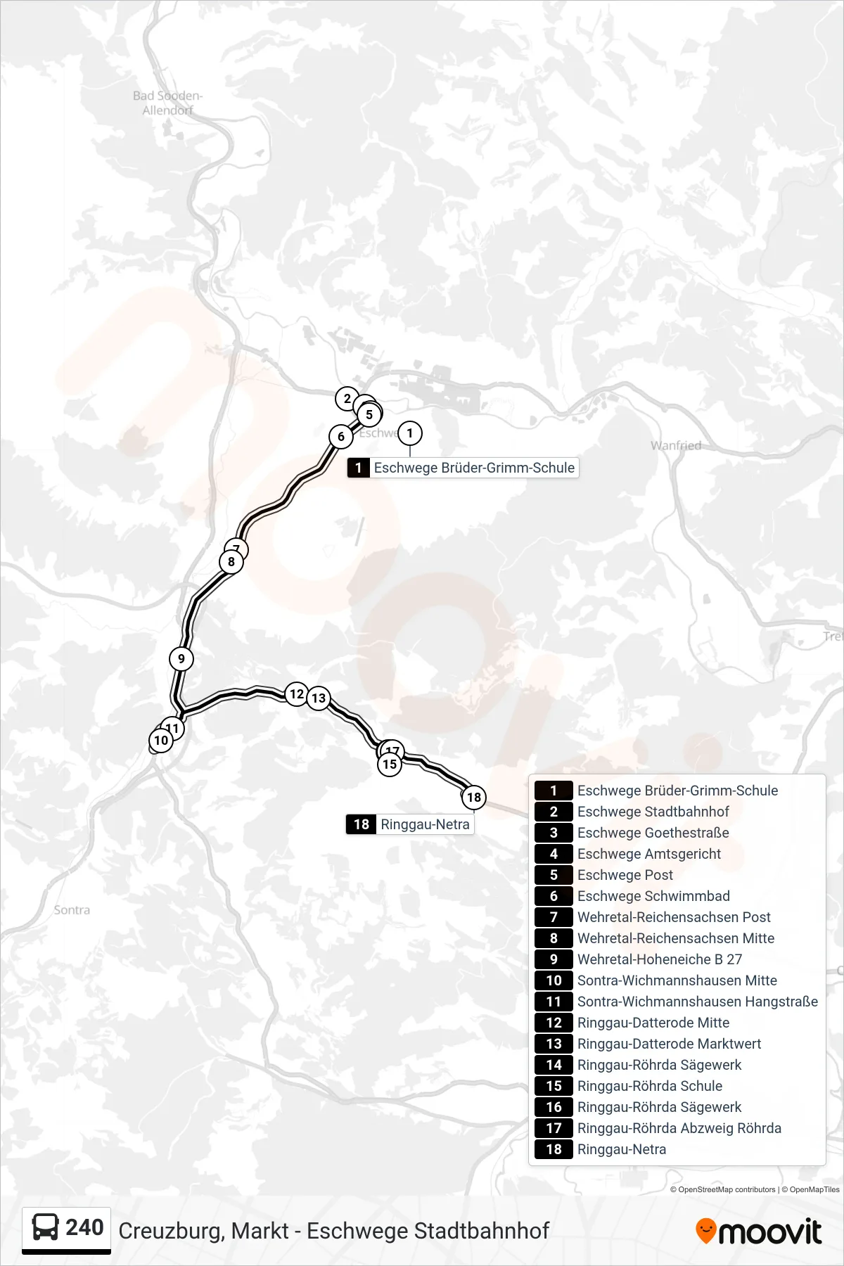 Linie 240 (Bus) Richtung Ringgau-Netra: Route und Haltestellen auf der Karte