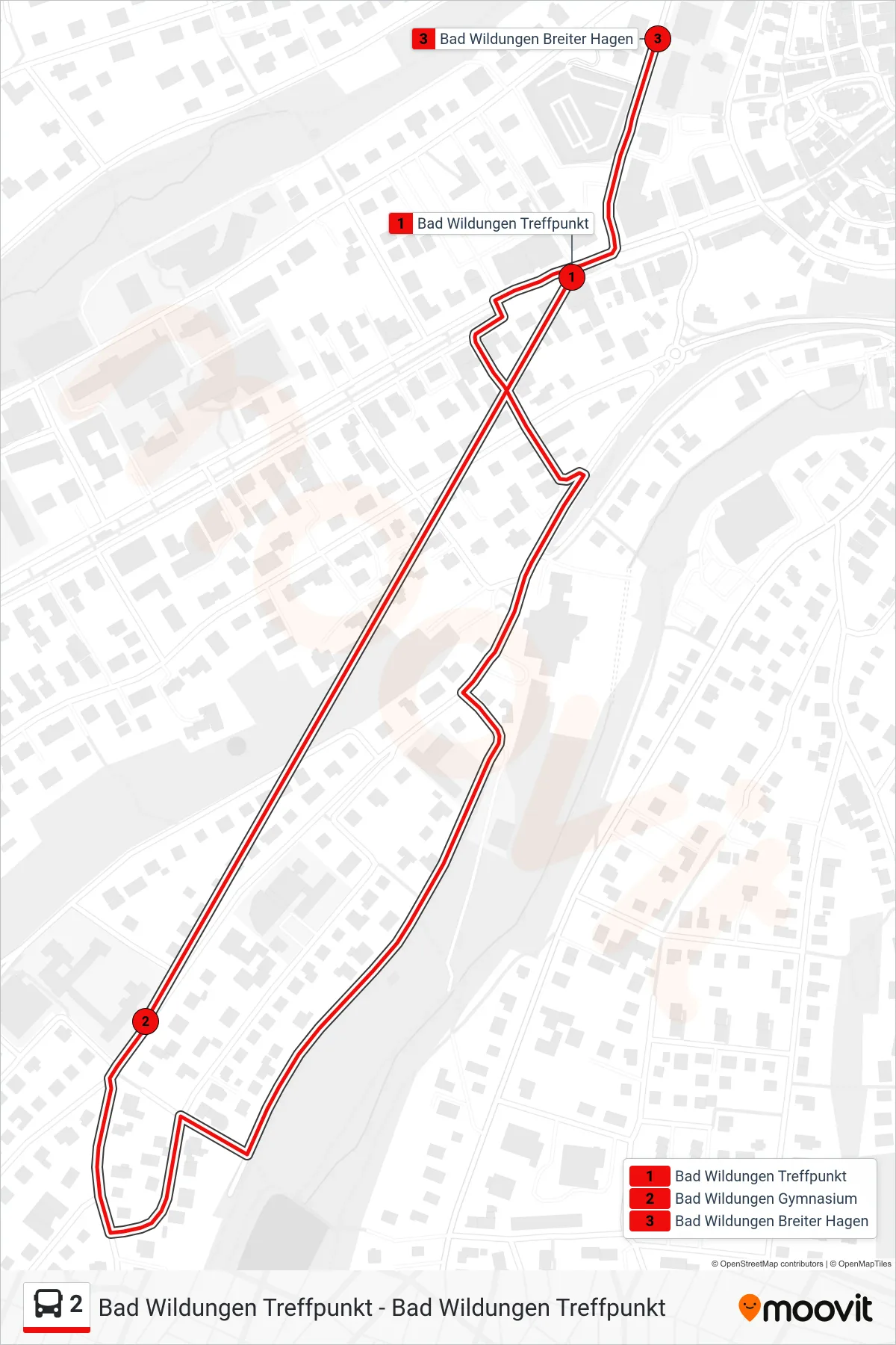 2 bus Line (Breiter Hagen) route and stops on a map