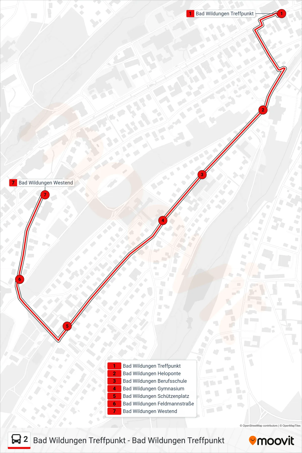 2 bus Line (Schützenplatz) route and stops on a map