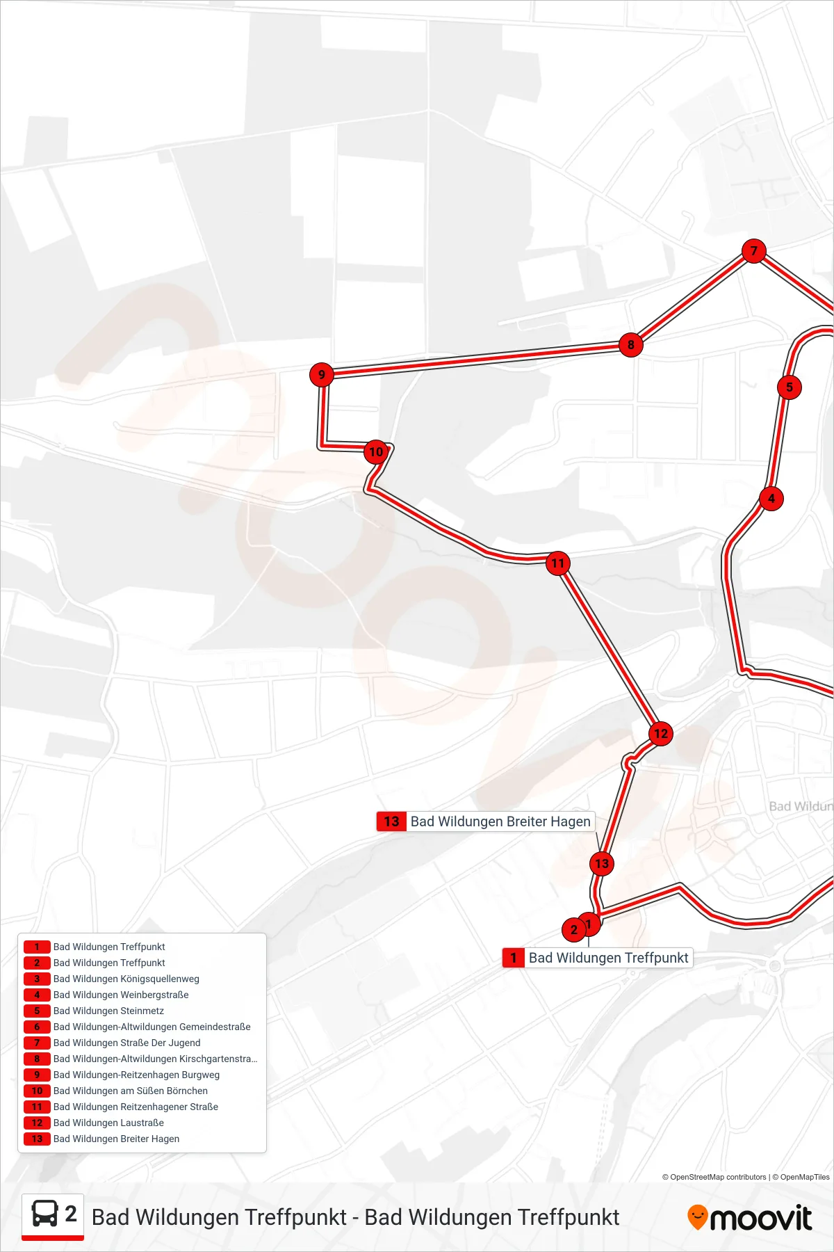 2 bus Line (Altwildungen West) route and stops on a map